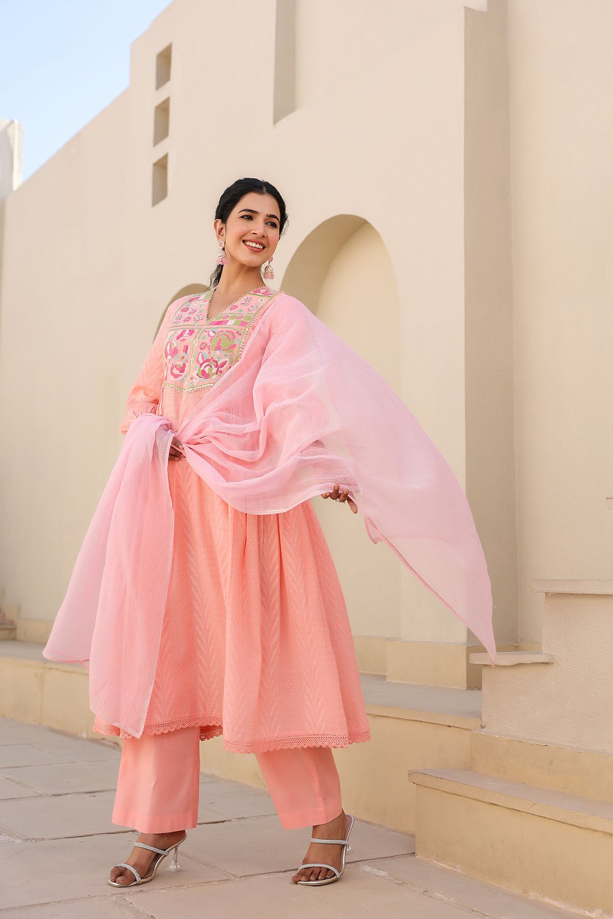 Peach Cotton Embroidered Anarkali Suit