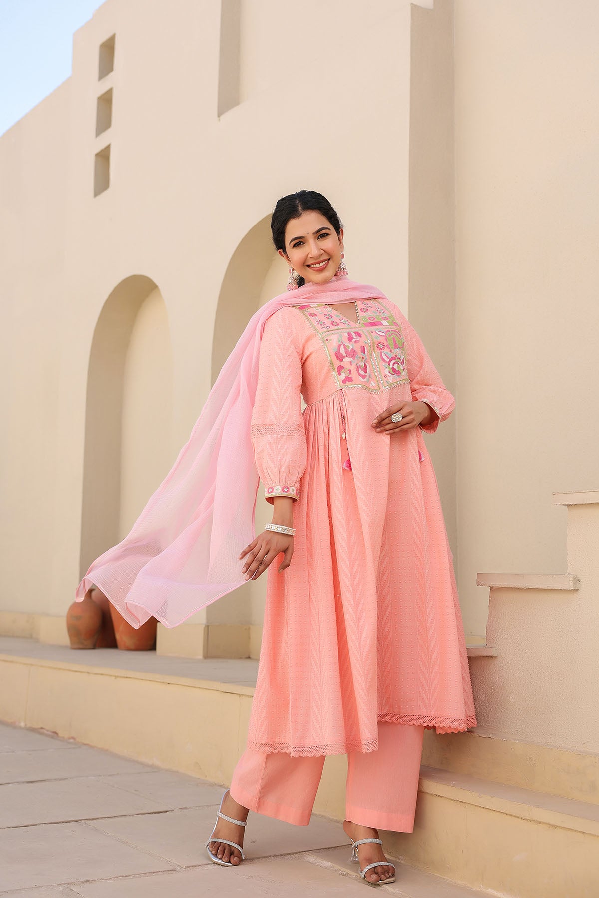 Peach Cotton Embroidered Anarkali Suit