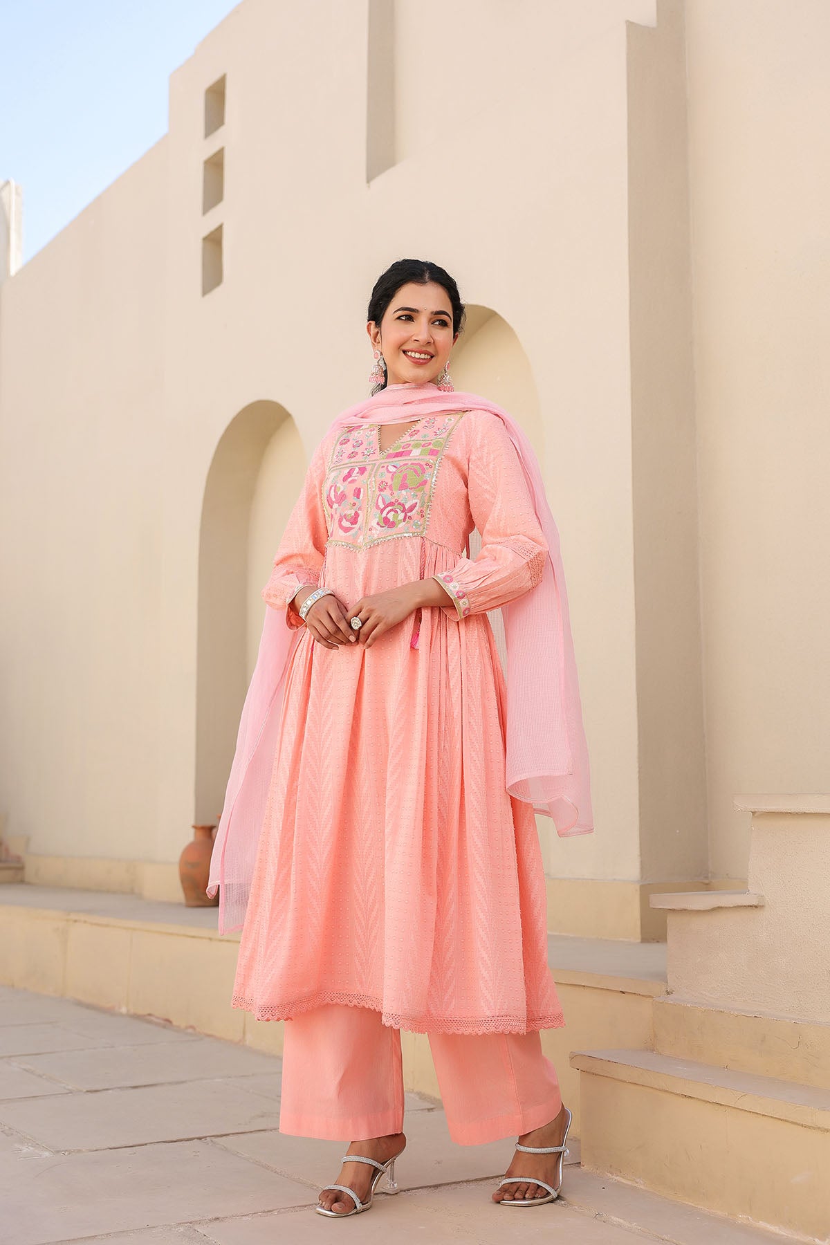 Peach Cotton Embroidered Anarkali Suit