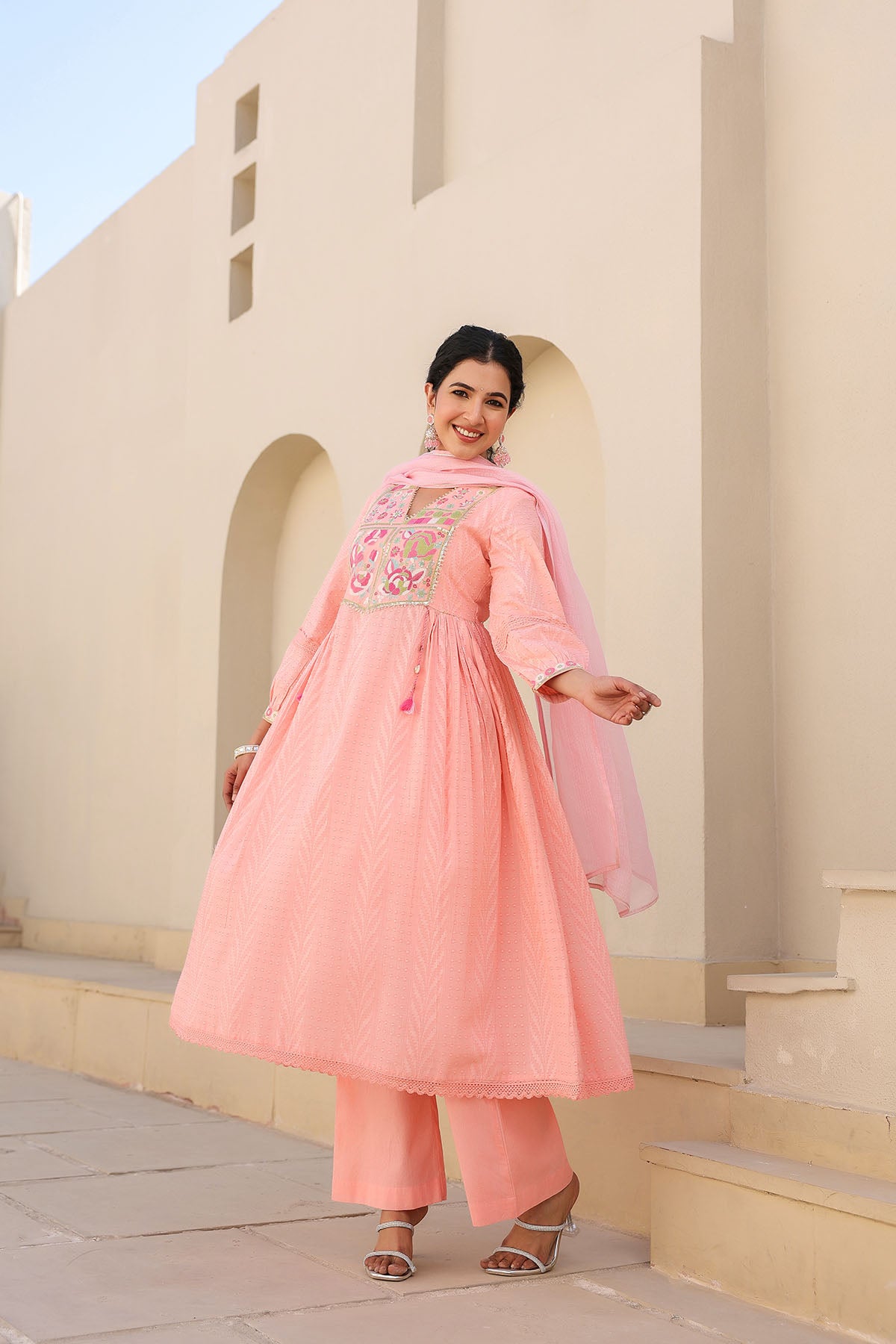 Peach Cotton Embroidered Anarkali Suit