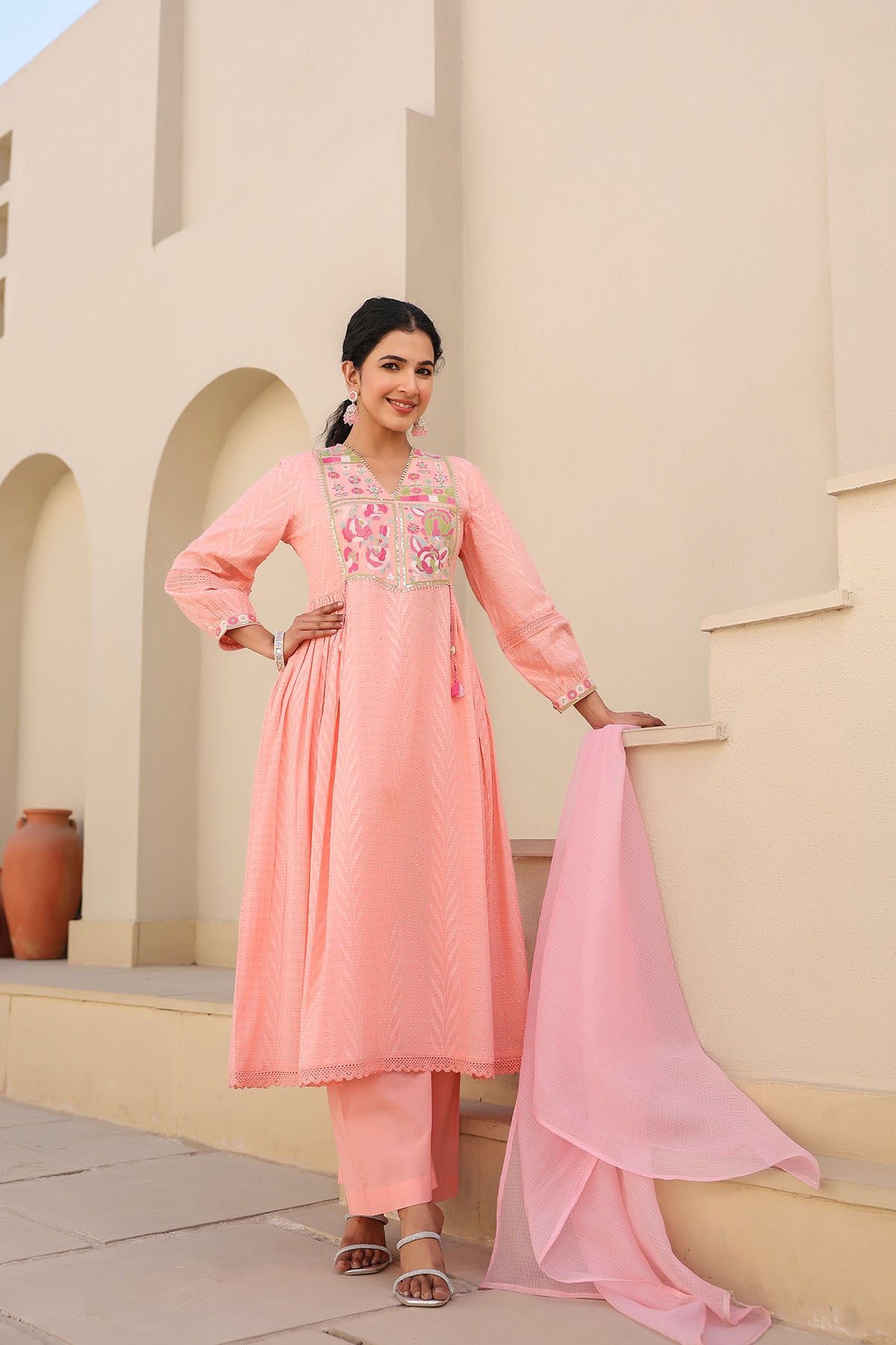 Peach Cotton Embroidered Anarkali Suit
