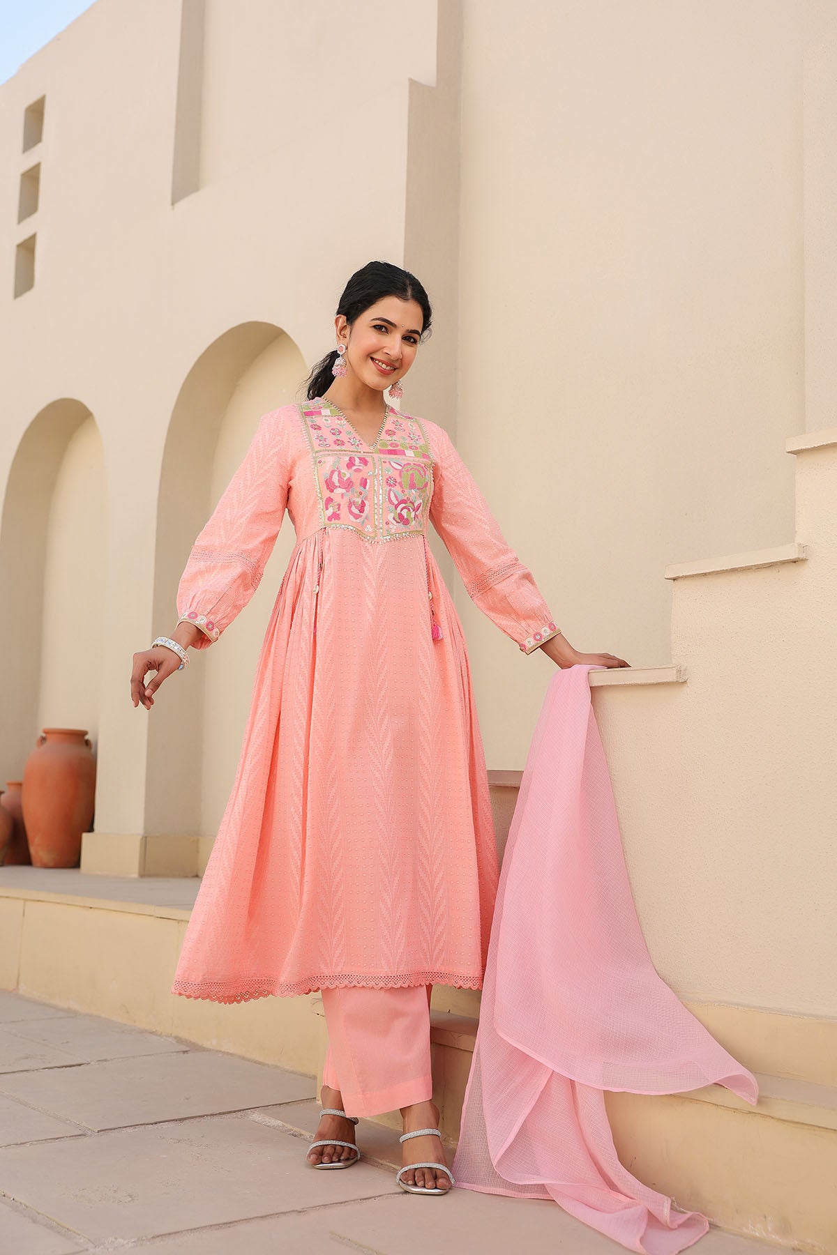 Peach Cotton Embroidered Anarkali Suit