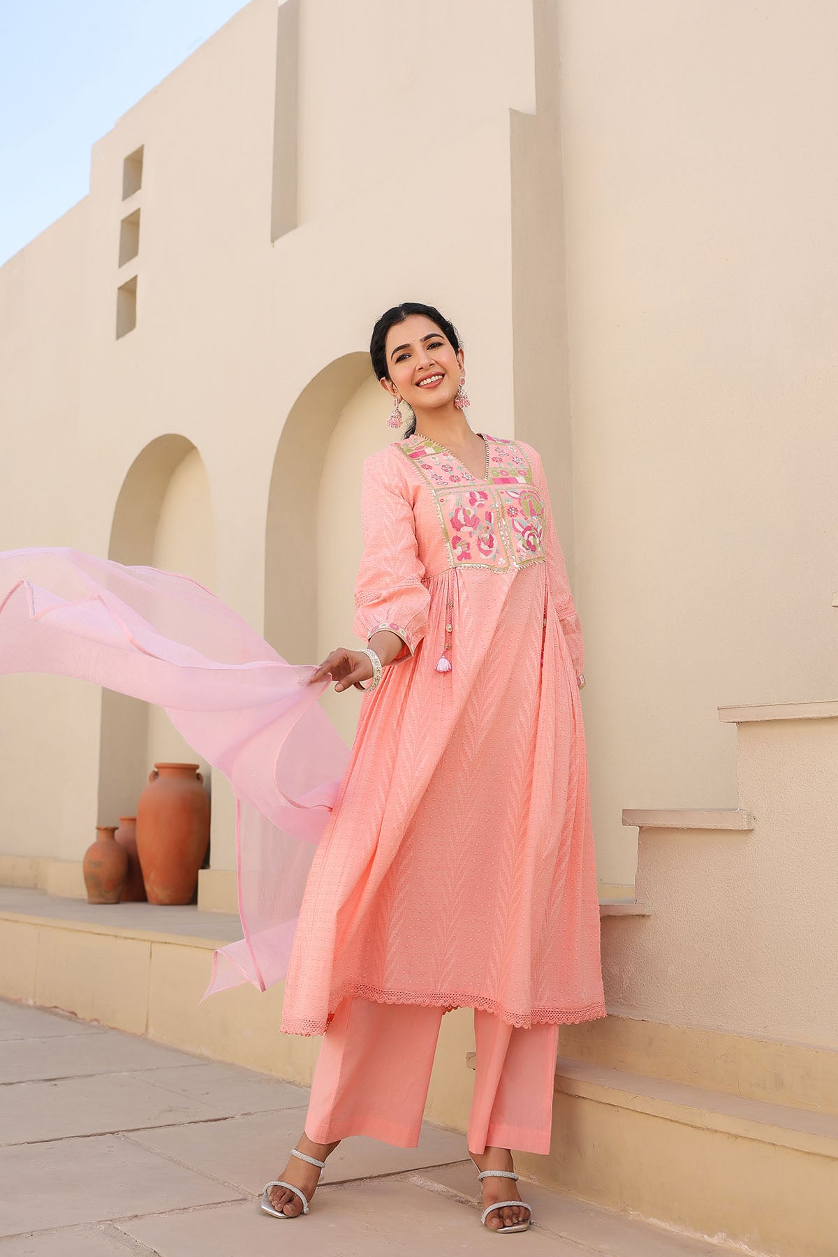 Peach Cotton Embroidered Anarkali Suit