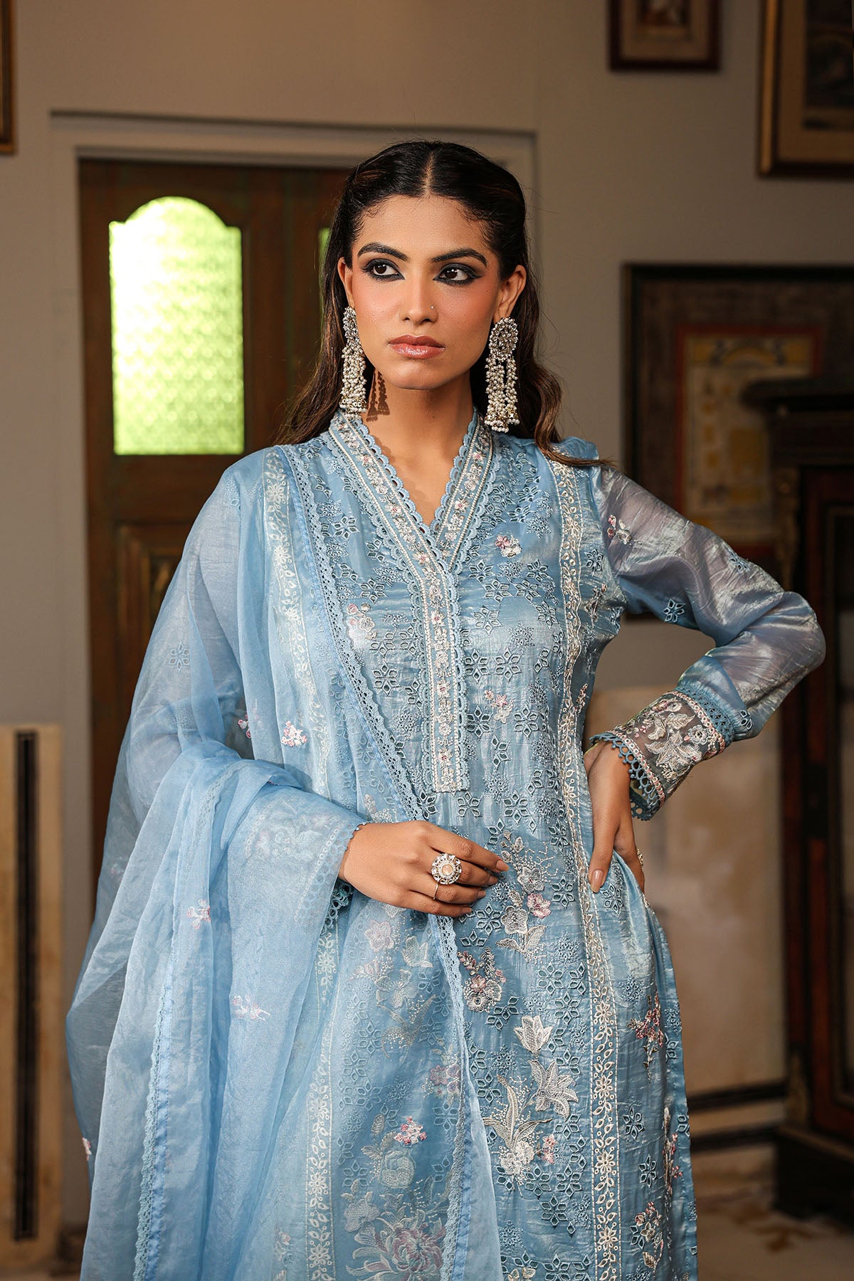 Blue Shimmer Embroidered Pakistani Suit