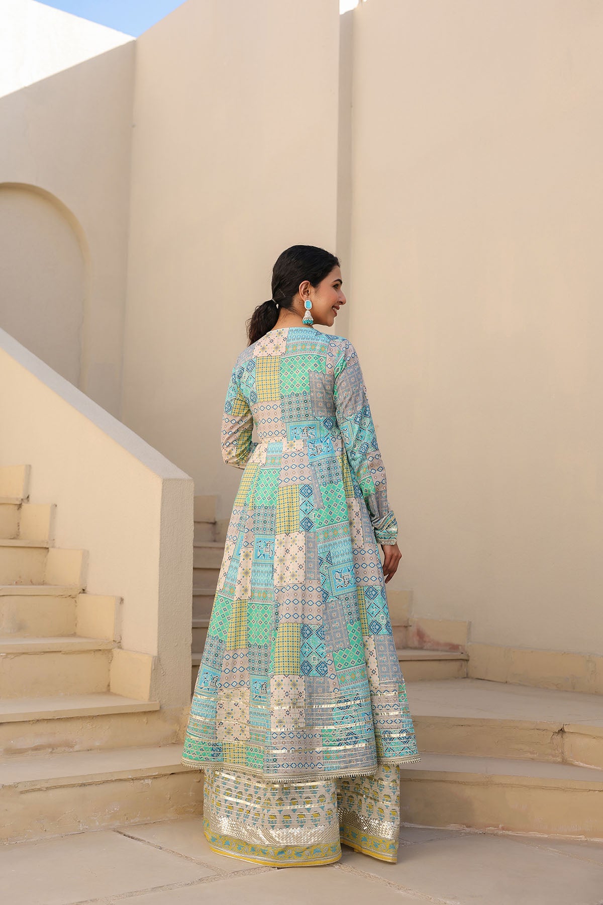 Blue Multicolor Cotton Gotapatti Gown Set
