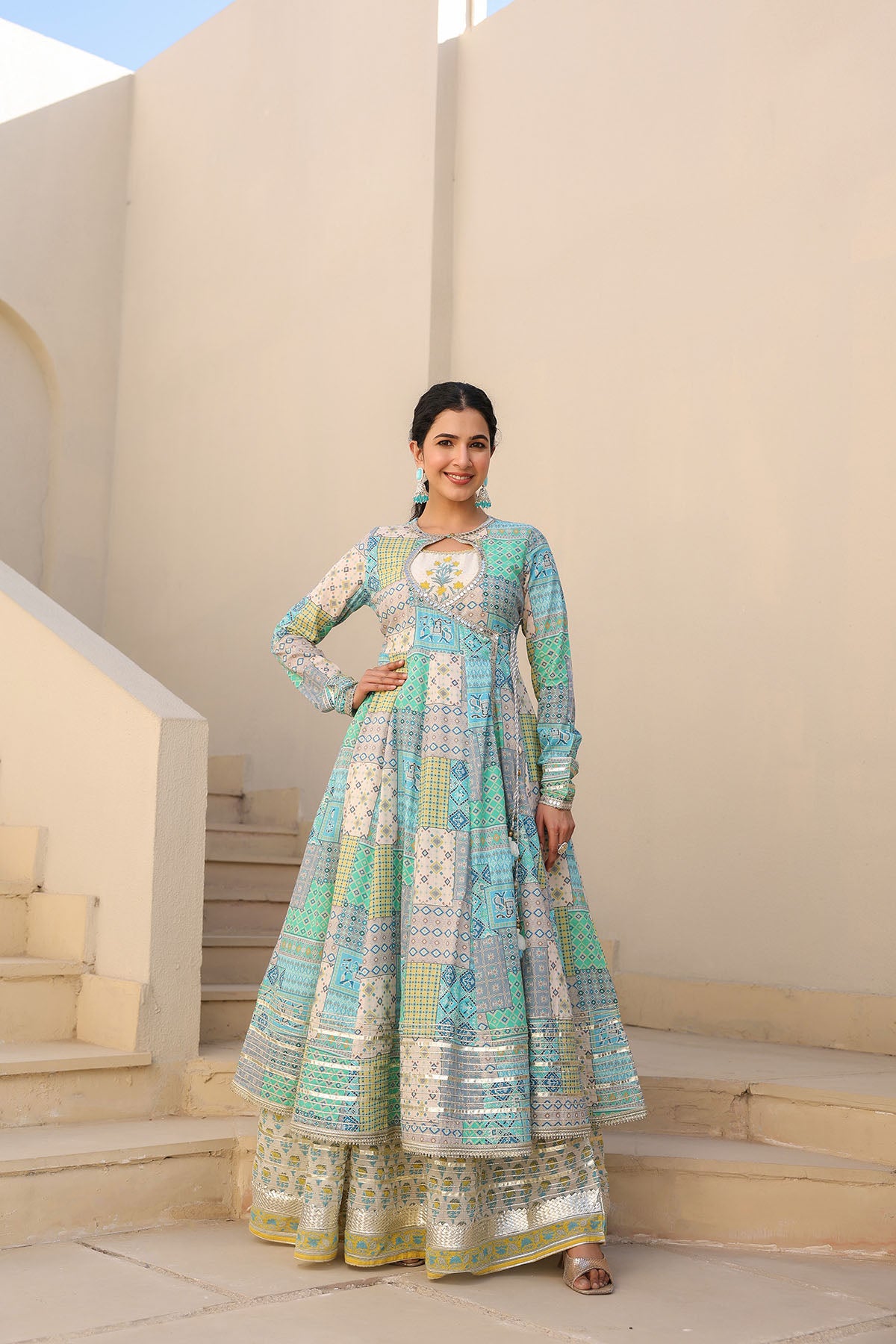 Blue Multicolor Cotton Gotapatti Gown Set