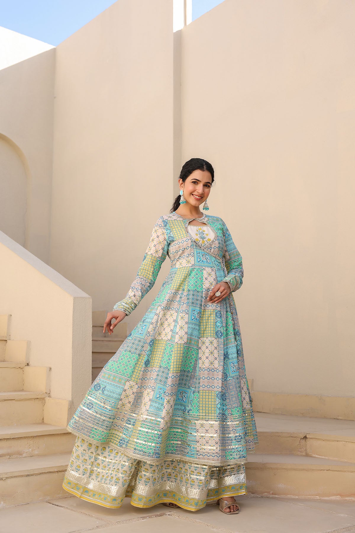 Blue Multicolor Cotton Gotapatti Gown Set