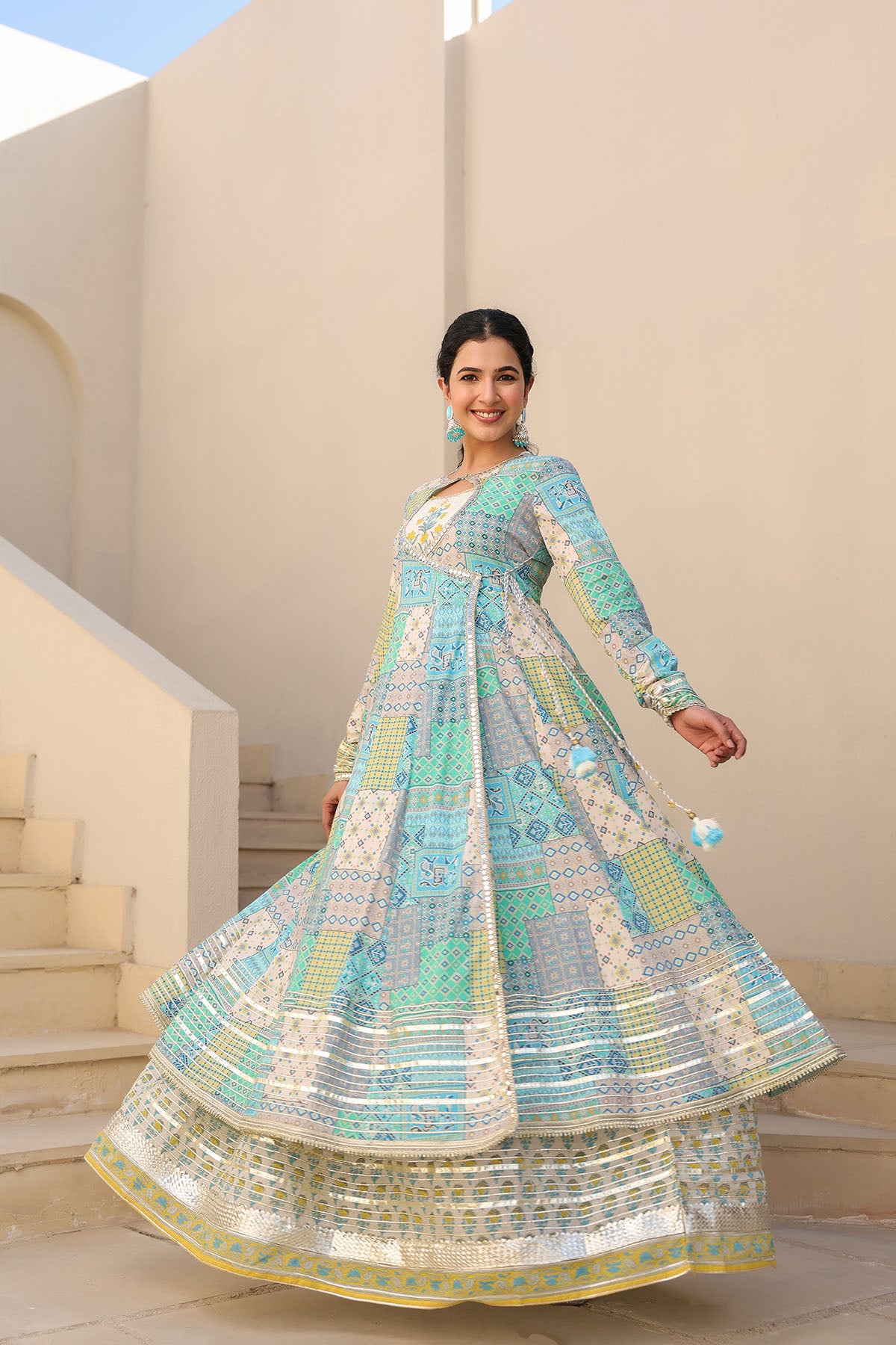 Blue Multicolor Cotton Gotapatti Gown Set