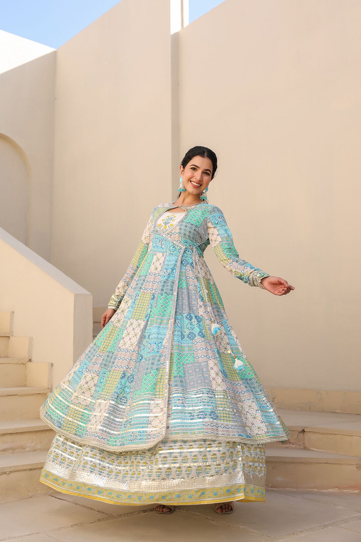 Blue Multicolor Cotton Gotapatti Gown Set