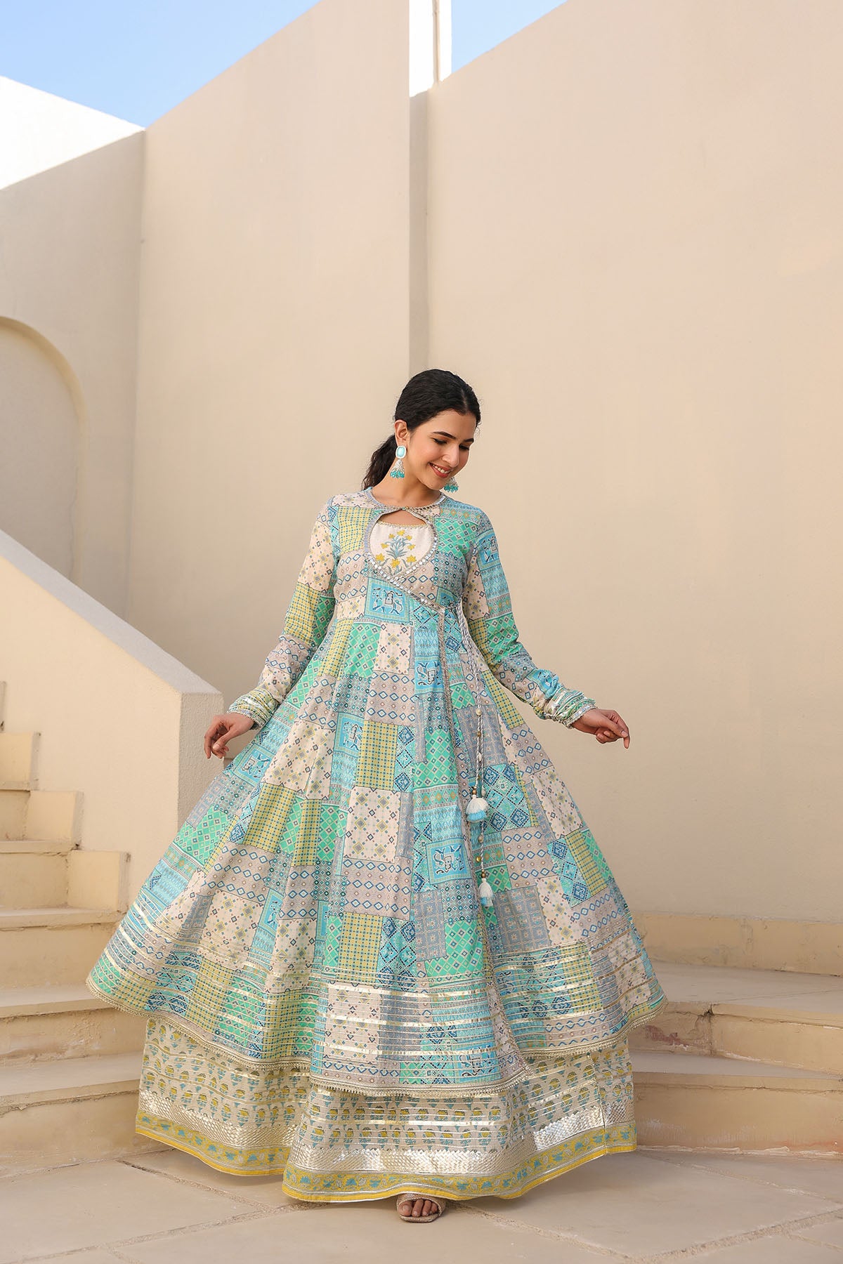 Blue Multicolor Cotton Gotapatti Gown Set