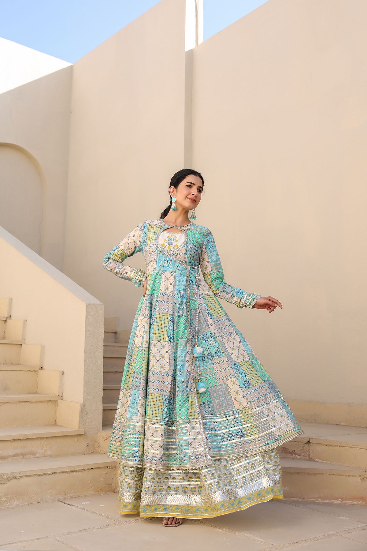 Blue Multicolor Cotton Gotapatti Gown Set
