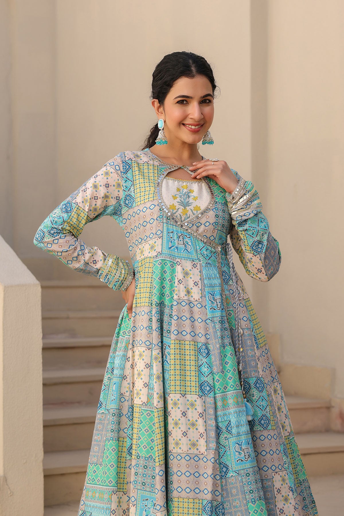 Blue Multicolor Cotton Gotapatti Gown Set