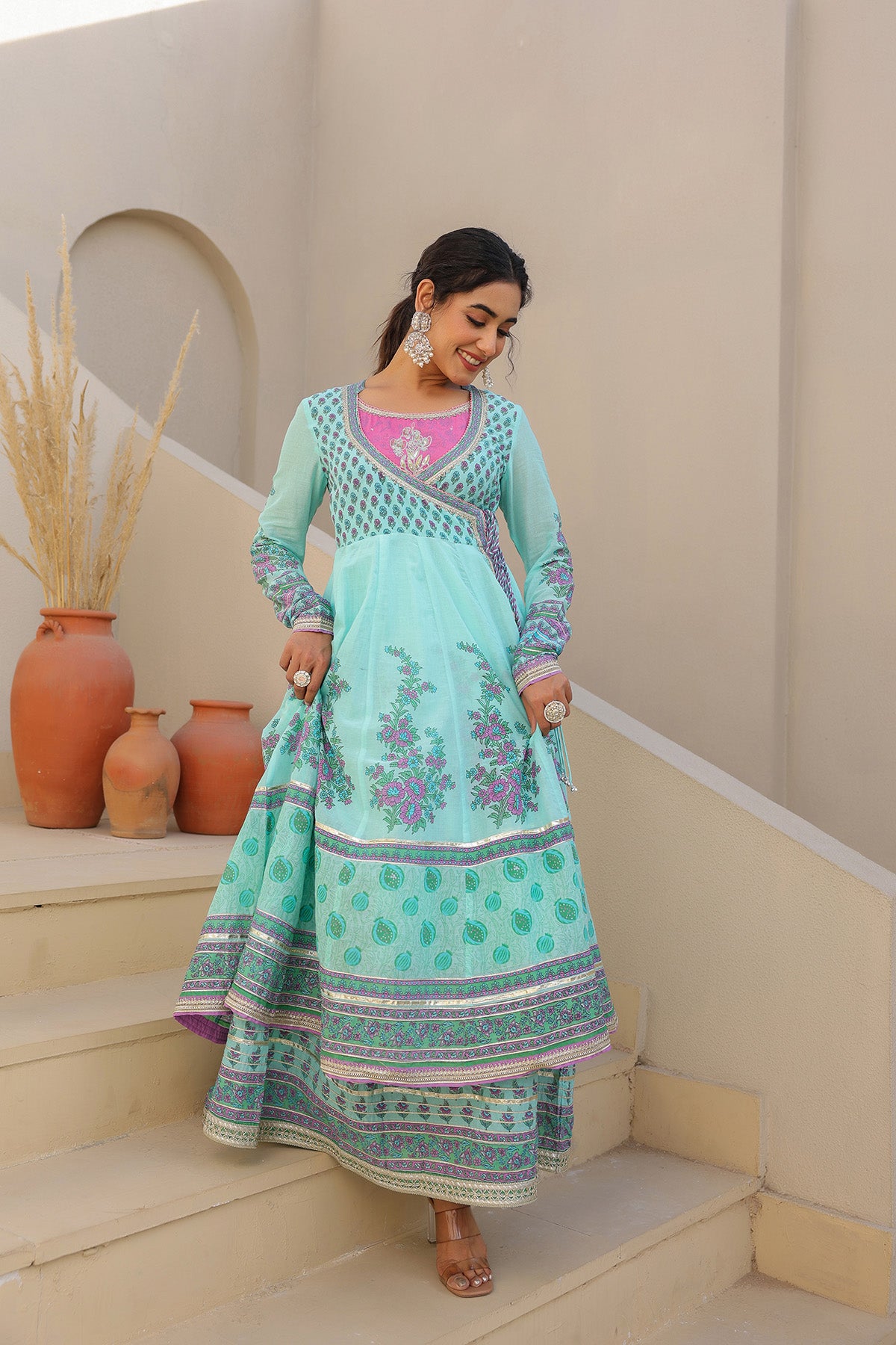 Sky Blue Cotton Gotapatti Gown Set