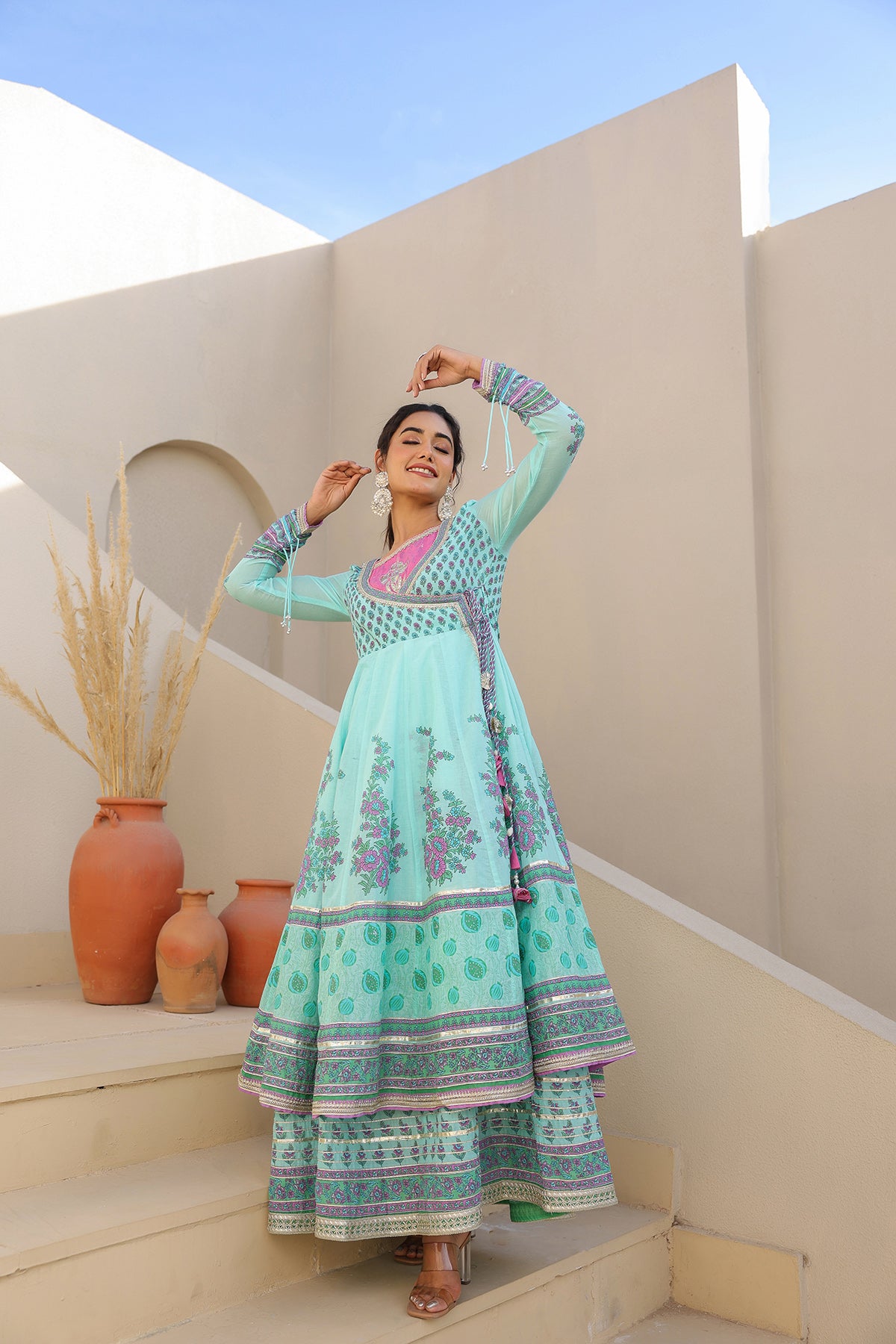 Sky Blue Cotton Gotapatti Gown Set