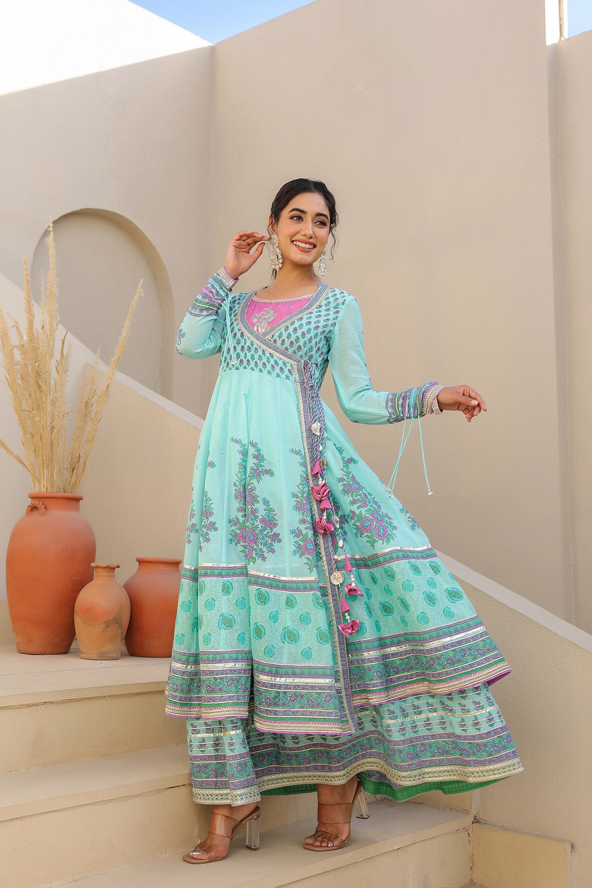 Sky Blue Cotton Gotapatti Gown Set