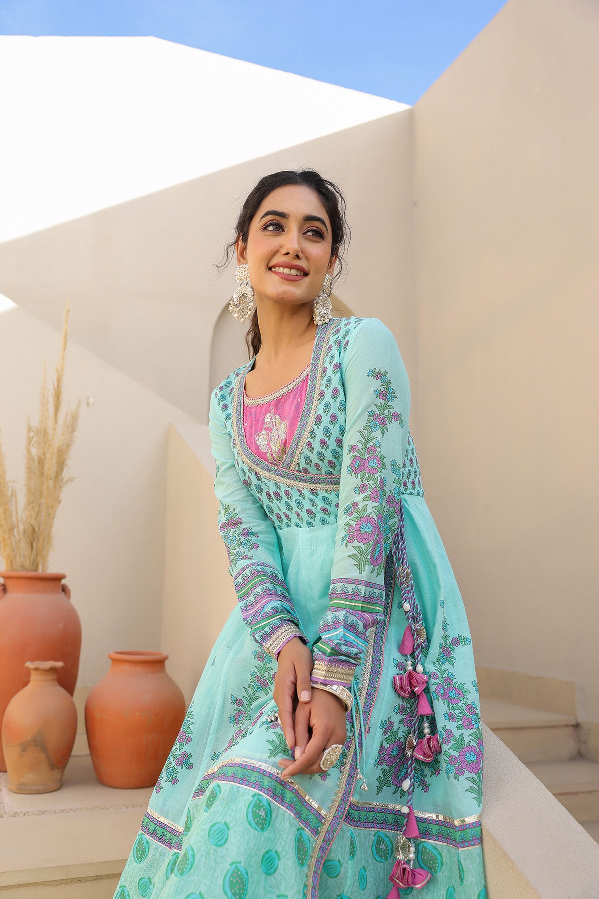 Sky Blue Cotton Gotapatti Gown Set