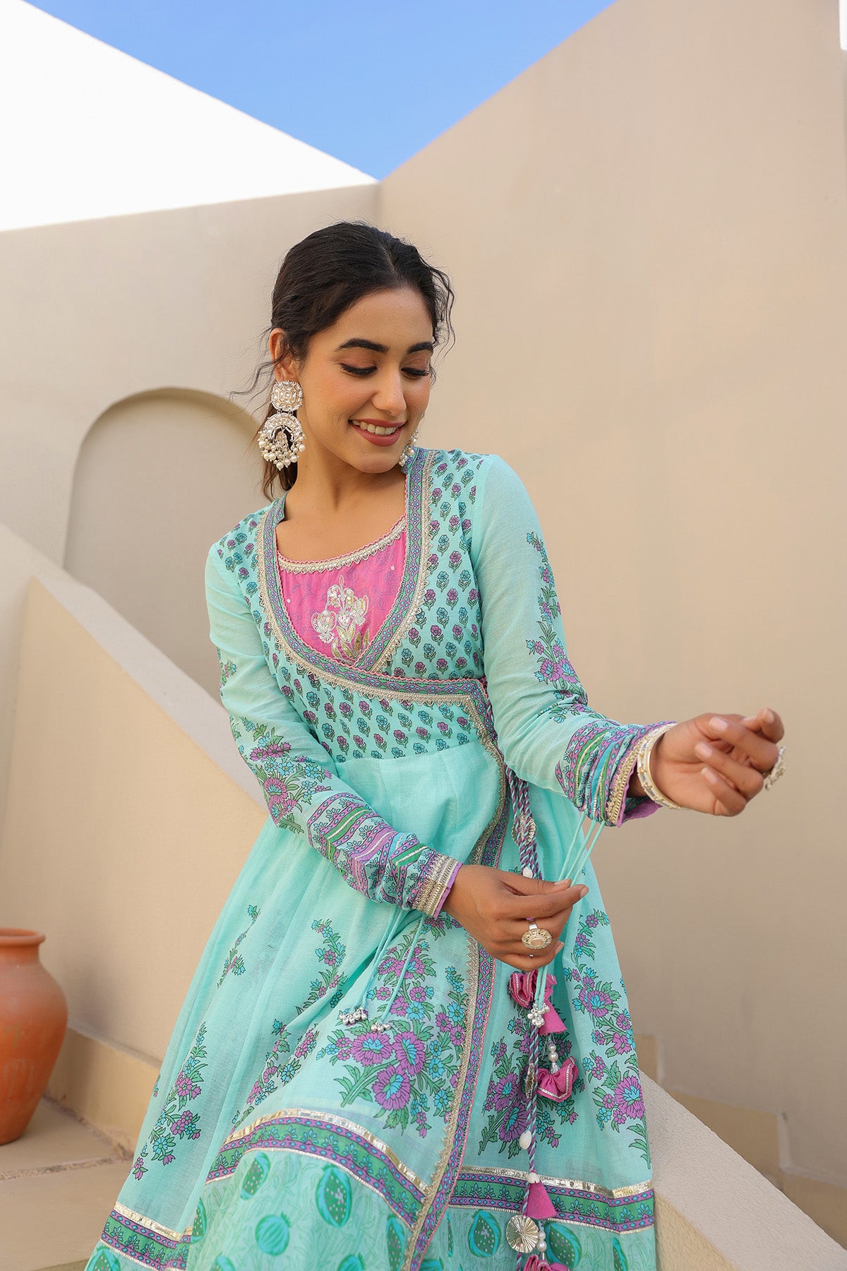 Sky Blue Cotton Gotapatti Gown Set