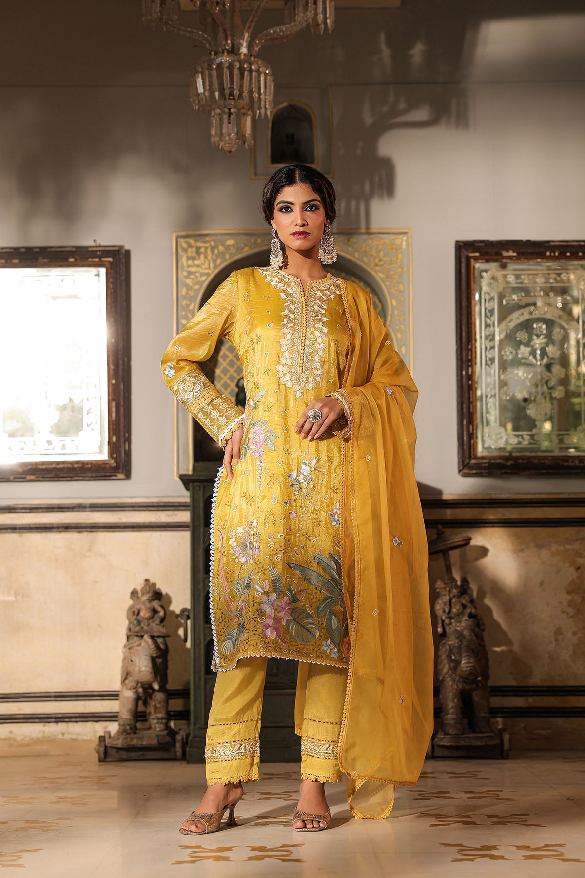 Yellow Shimmer Embroidered Pakistani Suit