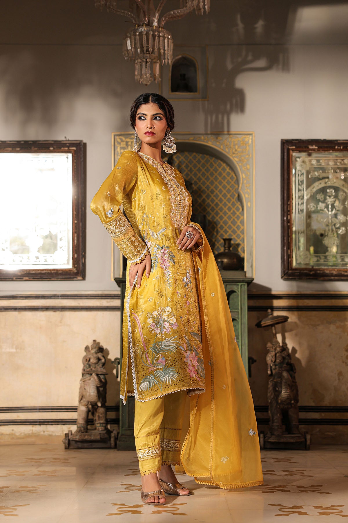 Yellow Shimmer Embroidered Pakistani Suit