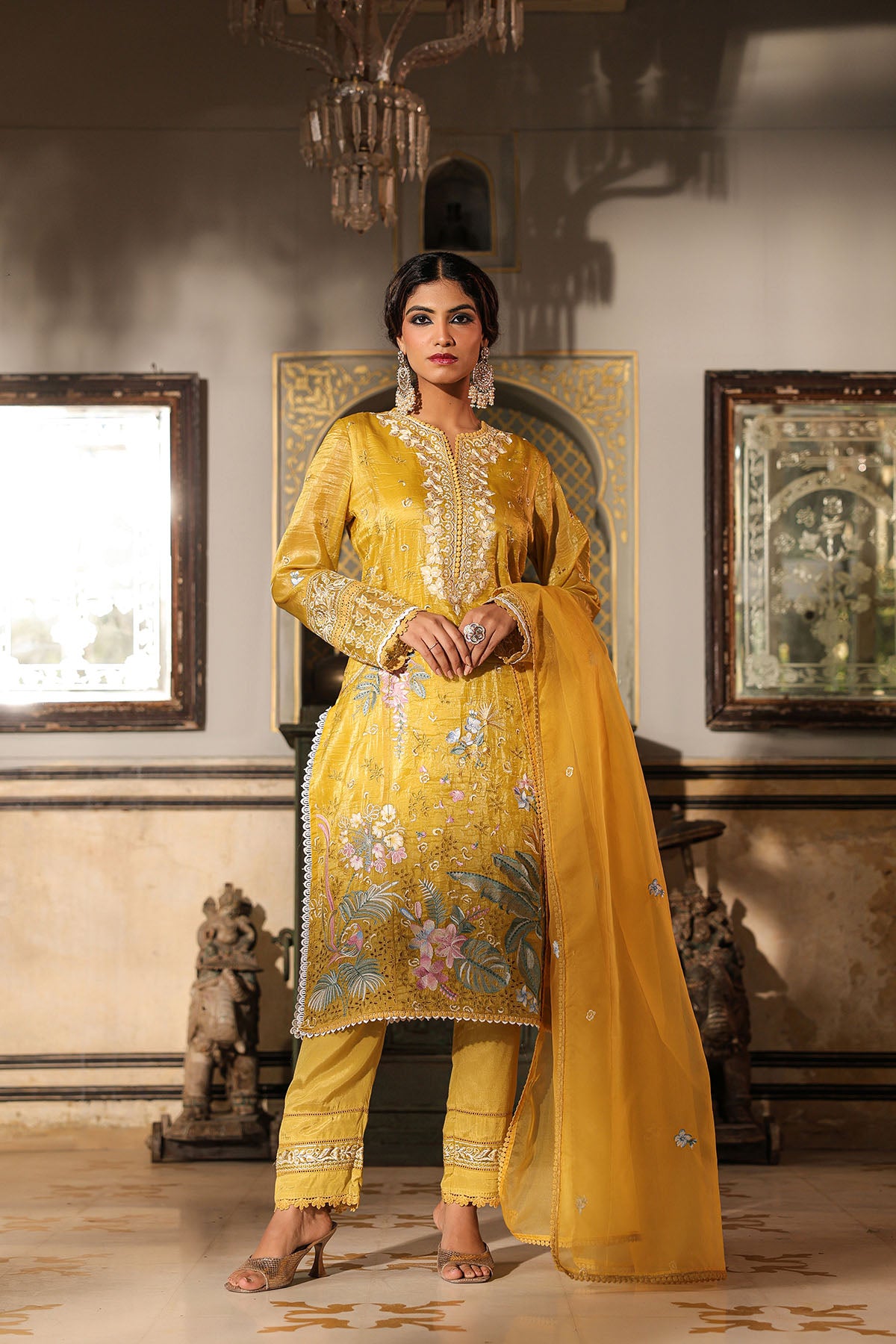 Yellow Shimmer Embroidered Pakistani Suit