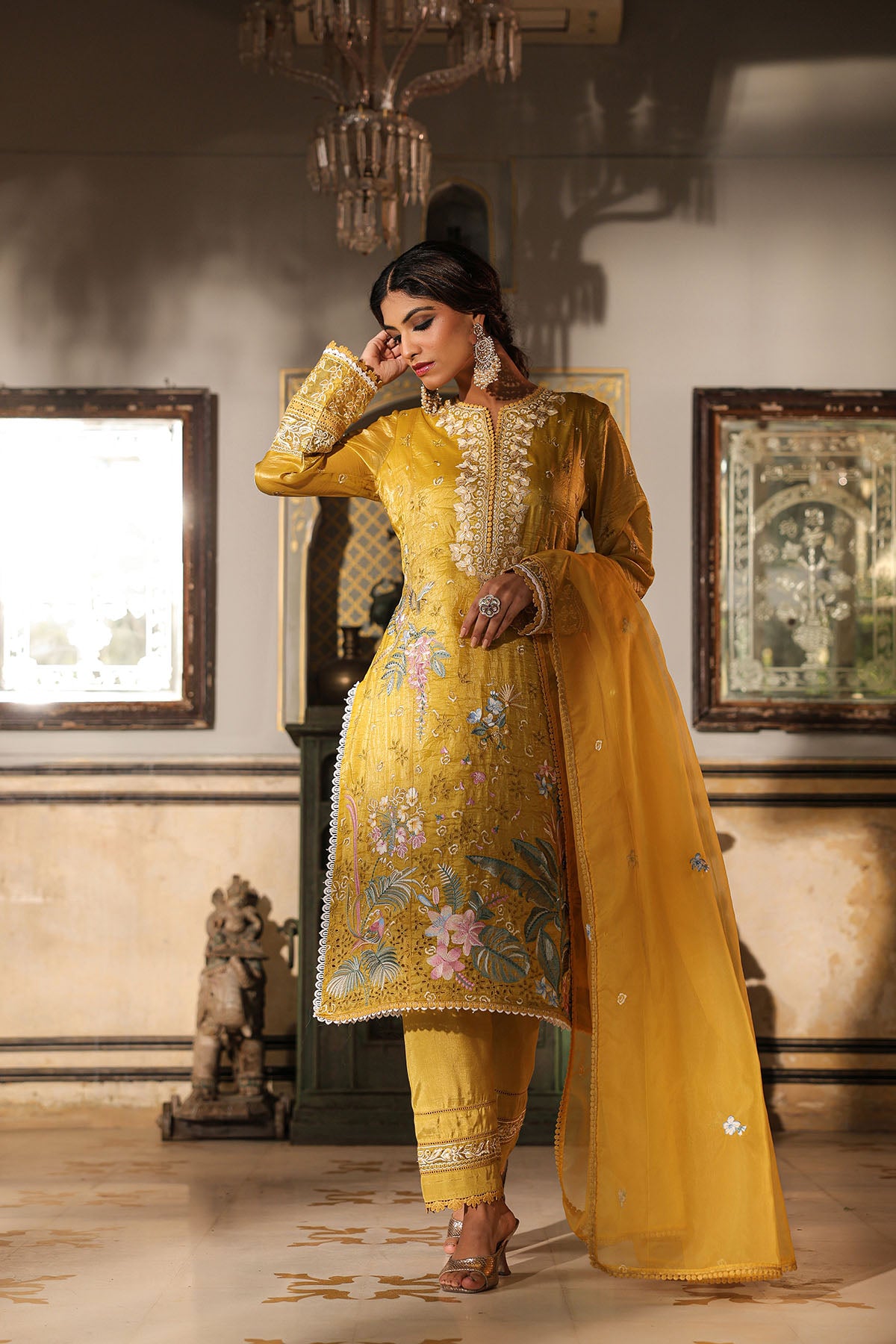 Yellow Shimmer Embroidered Pakistani Suit