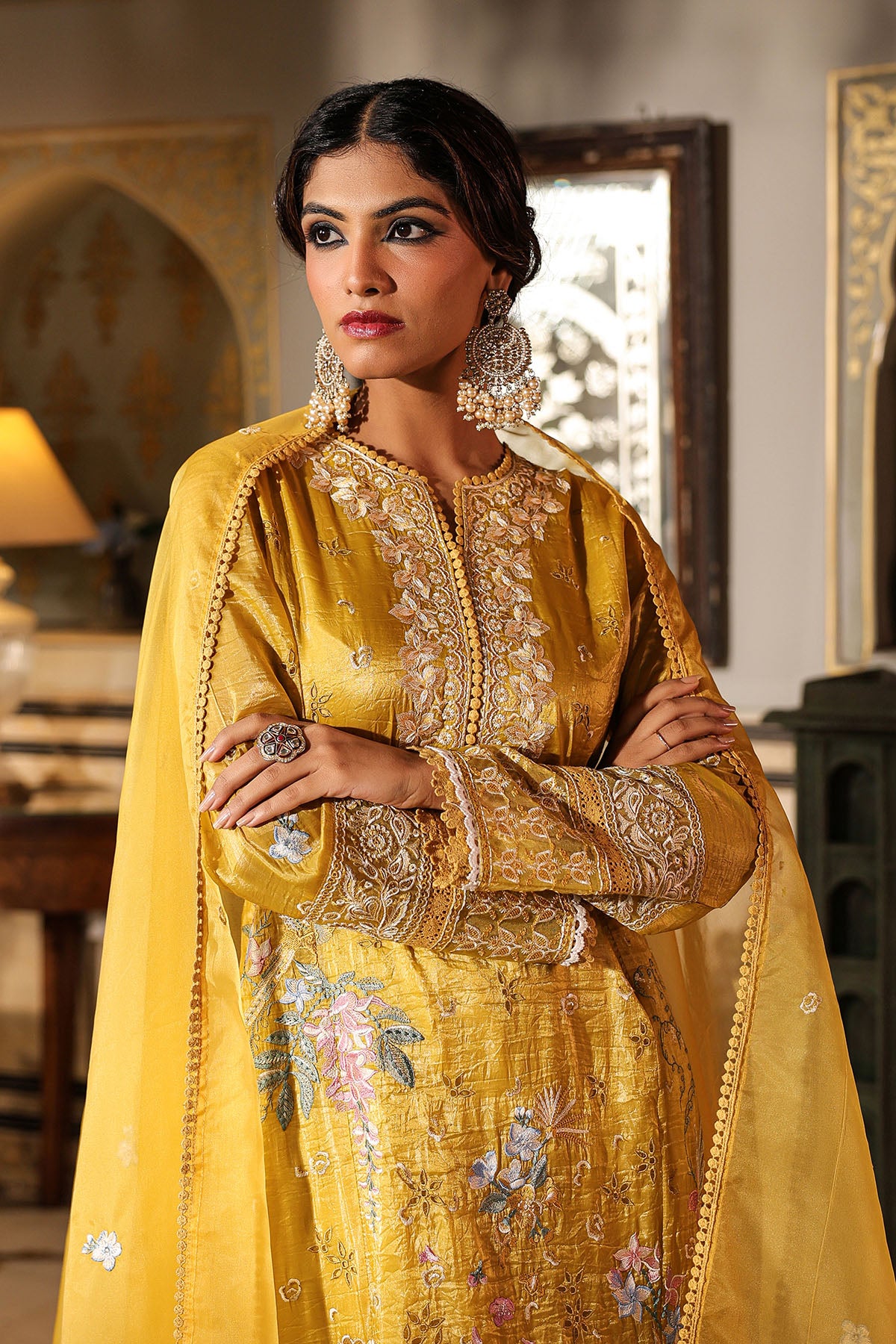 Yellow Shimmer Embroidered Pakistani Suit