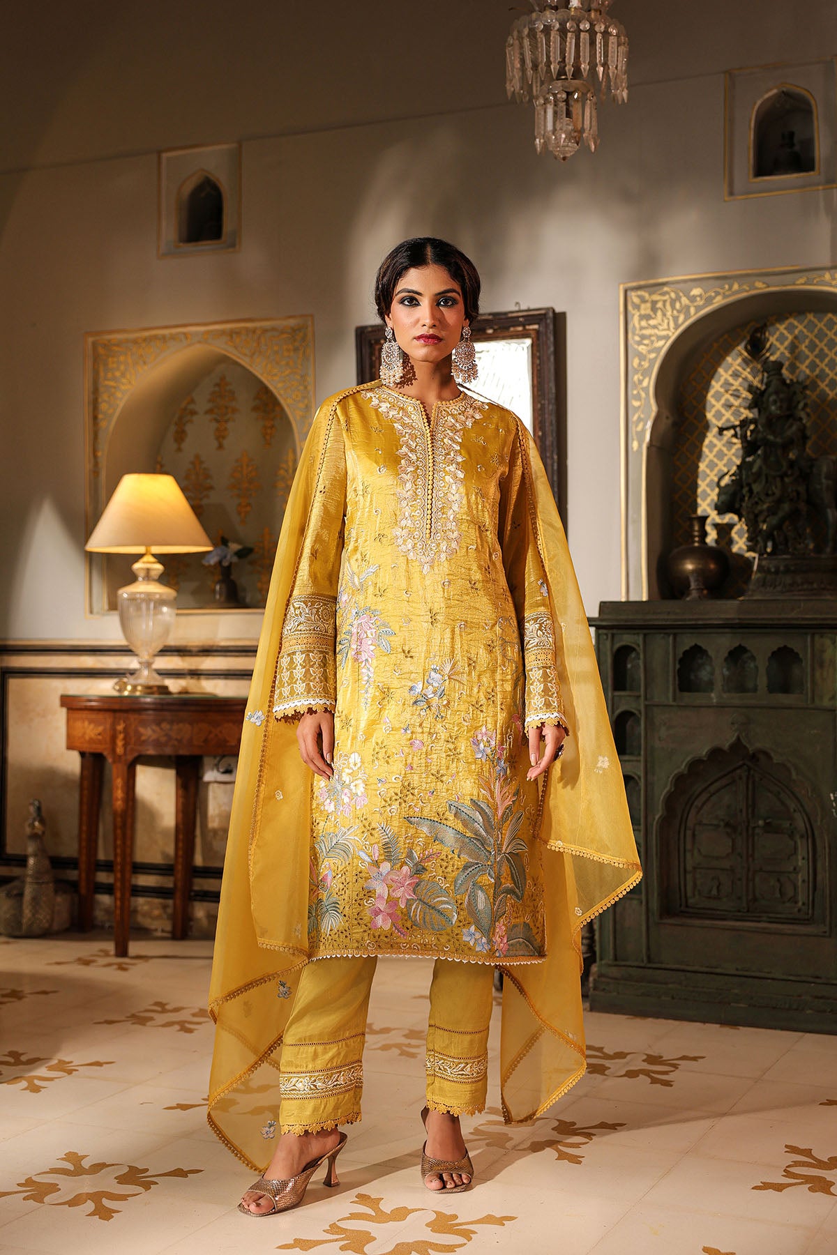 Yellow Shimmer Embroidered Pakistani Suit