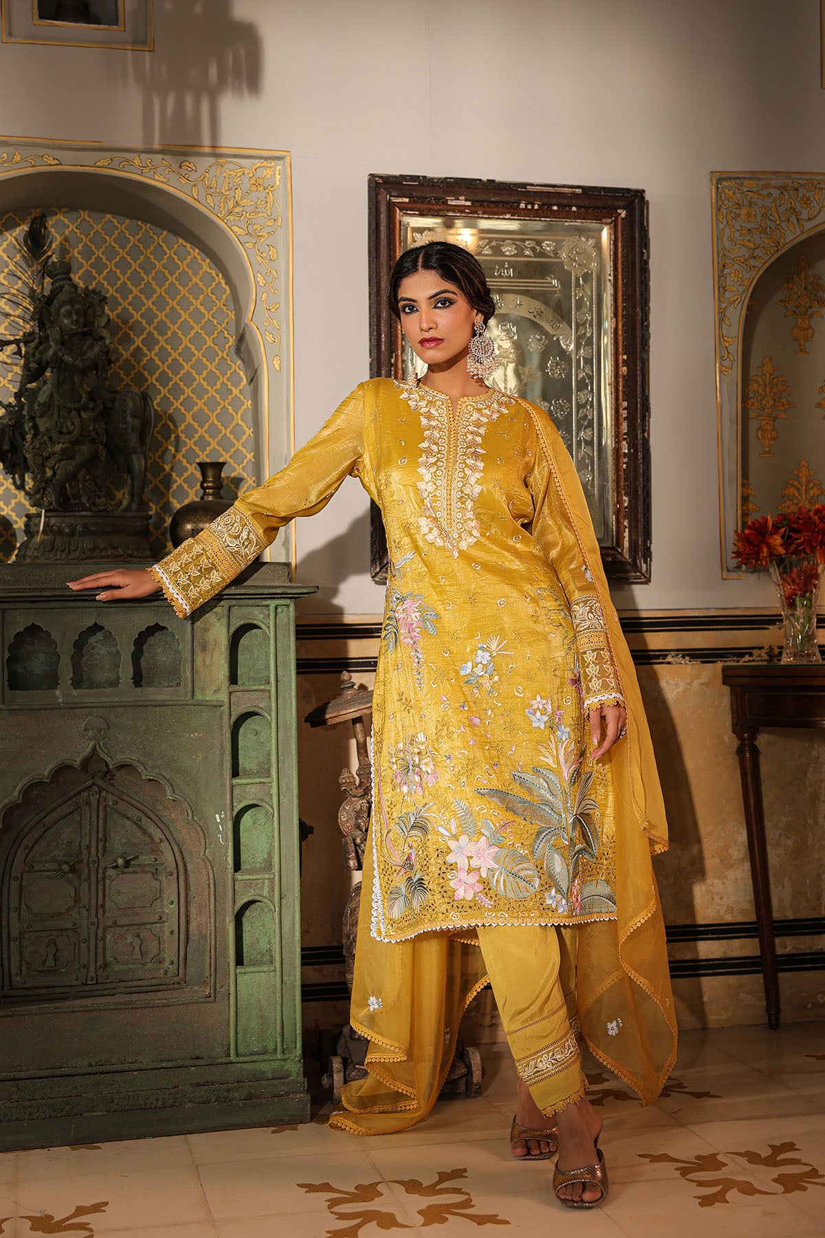 Yellow Shimmer Embroidered Pakistani Suit
