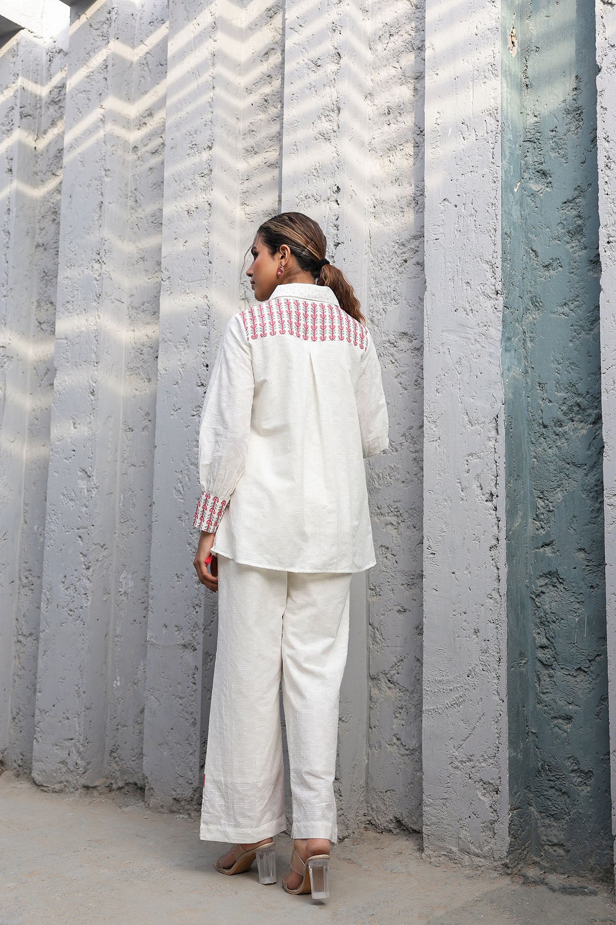 White Cotton Jacquard Printed Co-Ord Set