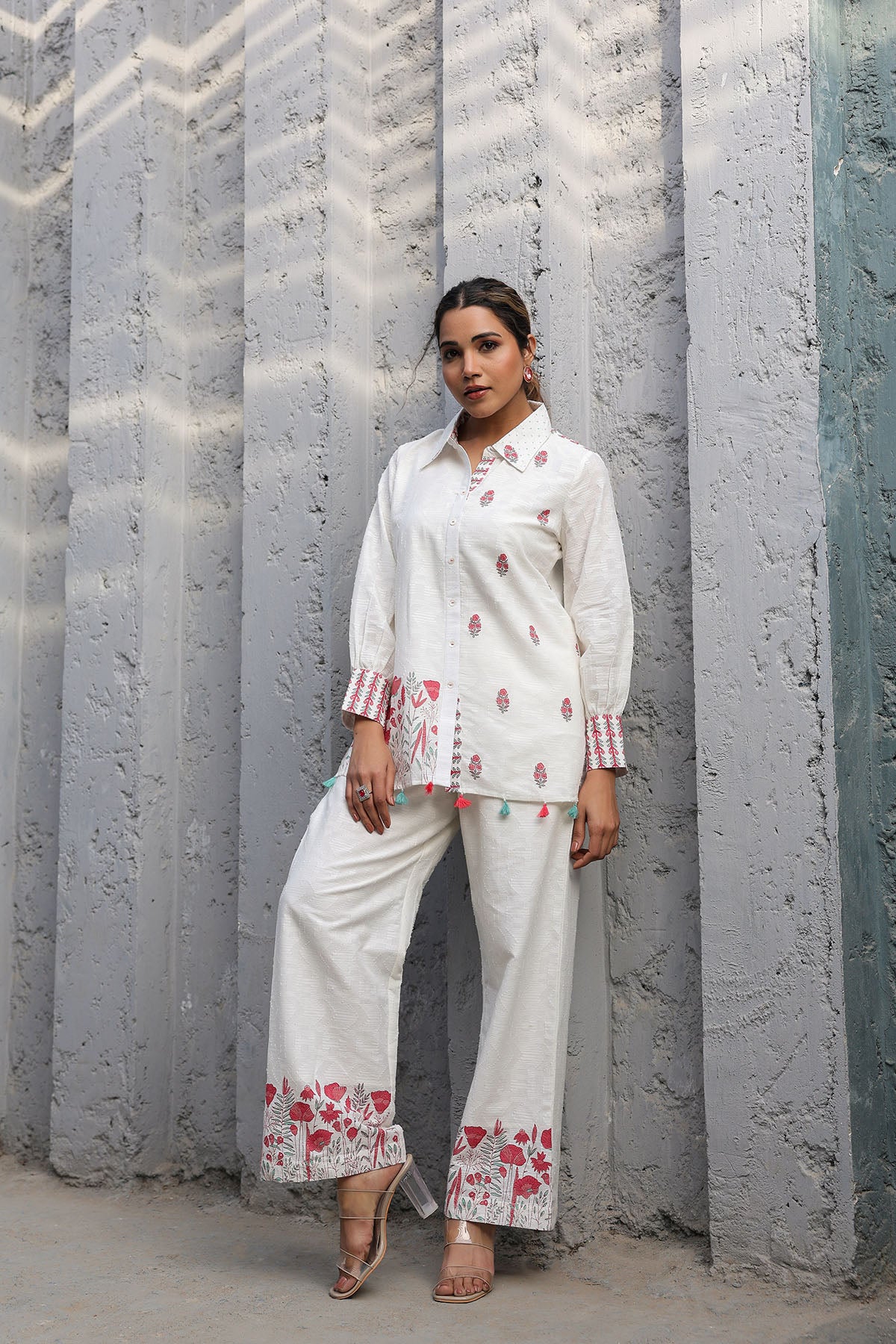 White Cotton Jacquard Printed Co-Ord Set