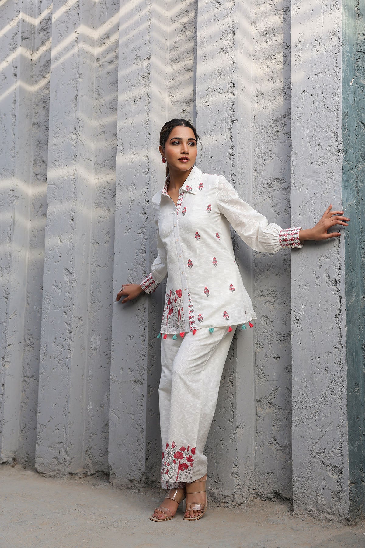 White Cotton Jacquard Printed Co-Ord Set