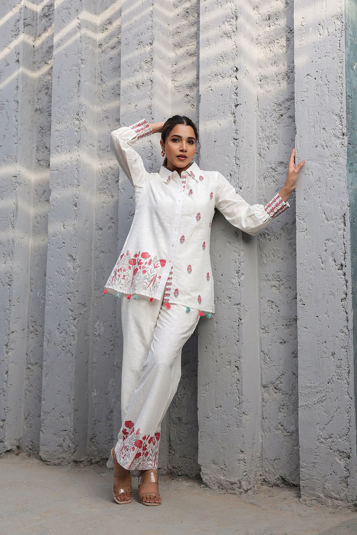 White Cotton Jacquard Printed Co-Ord Set