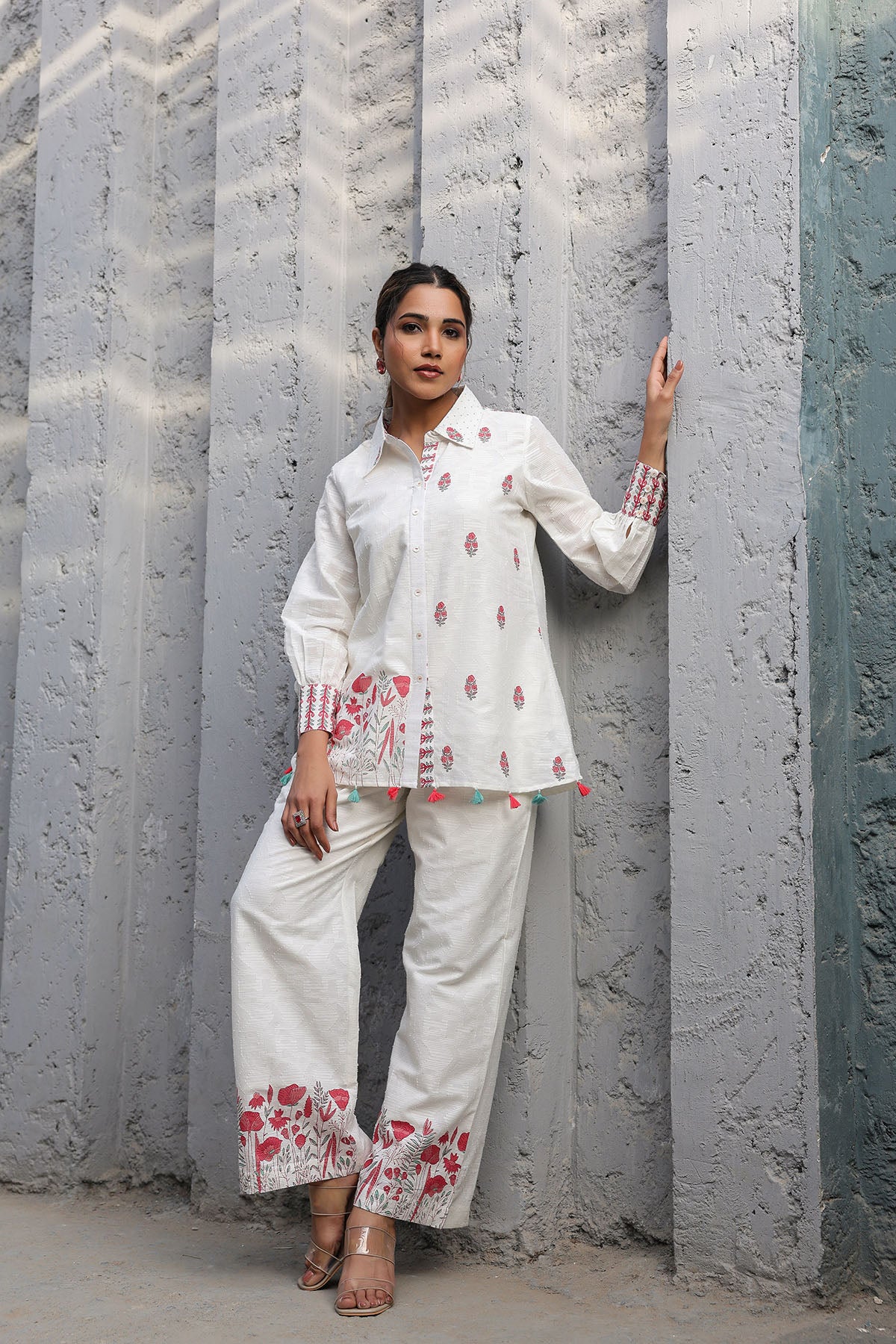 White Cotton Jacquard Printed Co-Ord Set