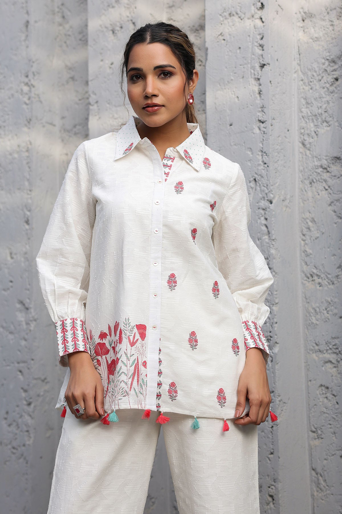 White Cotton Jacquard Printed Co-Ord Set