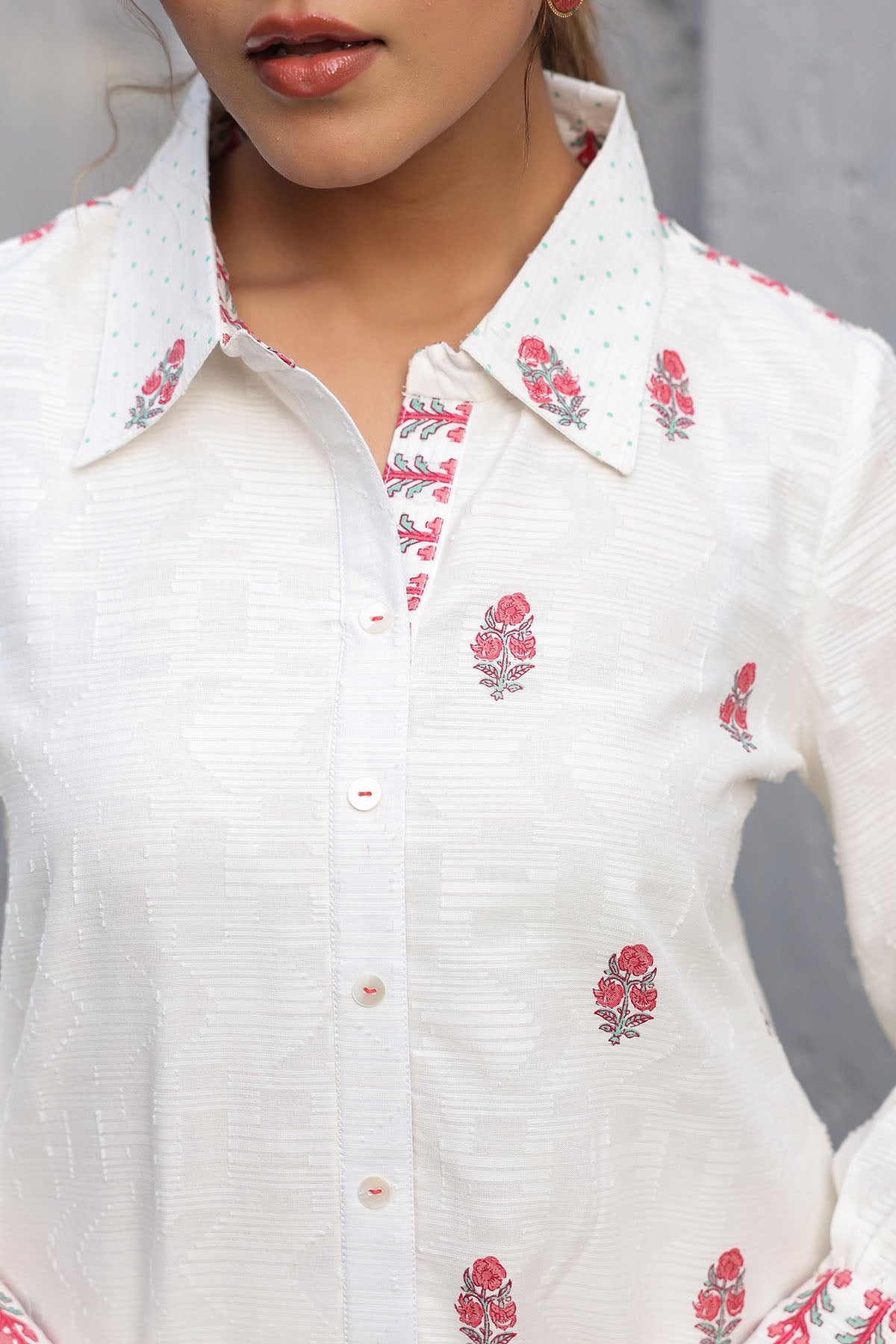 White Cotton Jacquard Printed Co-Ord Set