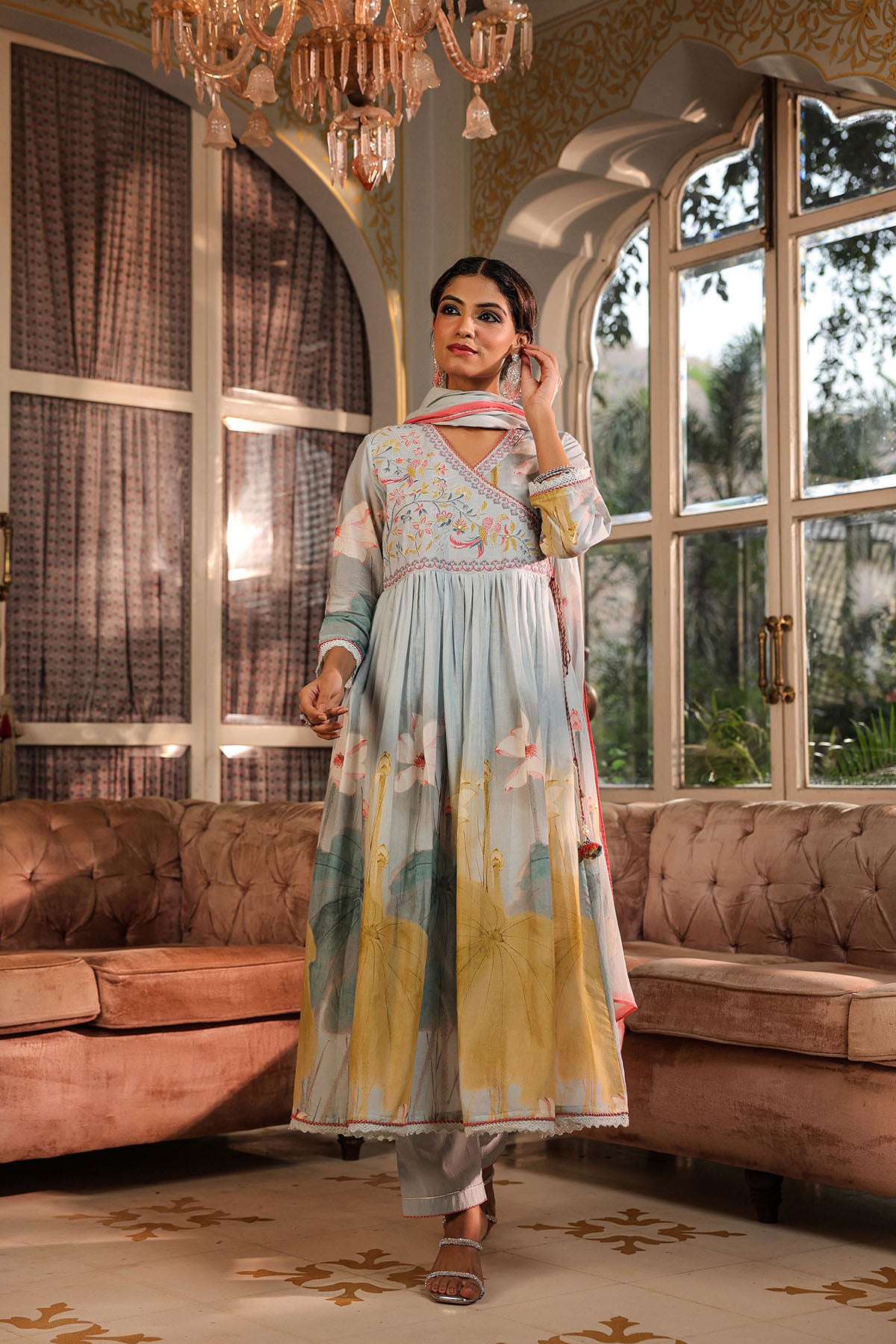 Blue Floral Cotton Embroidered Anarkali Suit