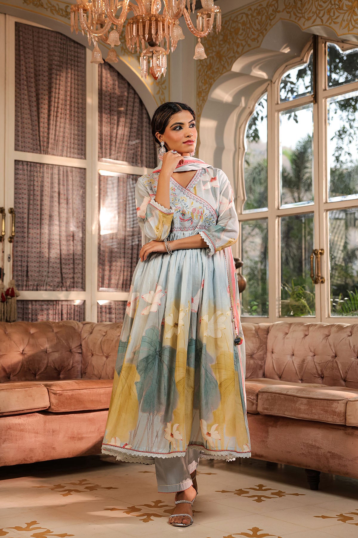 Blue Floral Cotton Embroidered Anarkali Suit