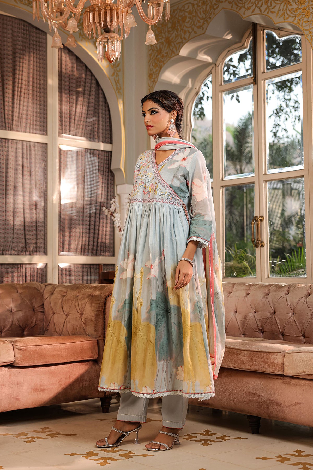 Blue Floral Cotton Embroidered Anarkali Suit