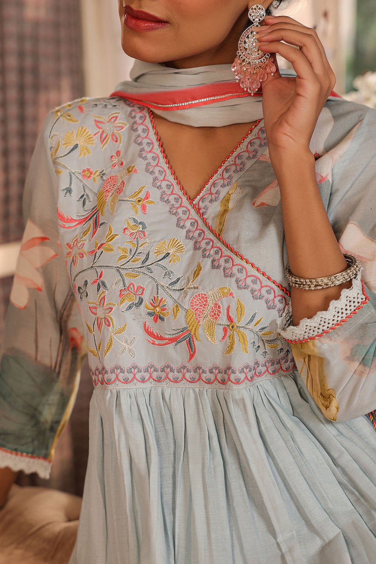 Blue Floral Cotton Embroidered Anarkali Suit