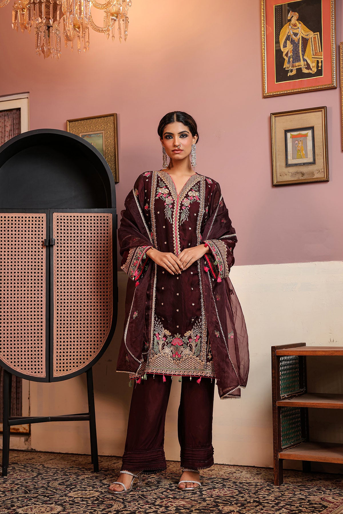 Marron Shimmer Embroidered Pakistani Suit