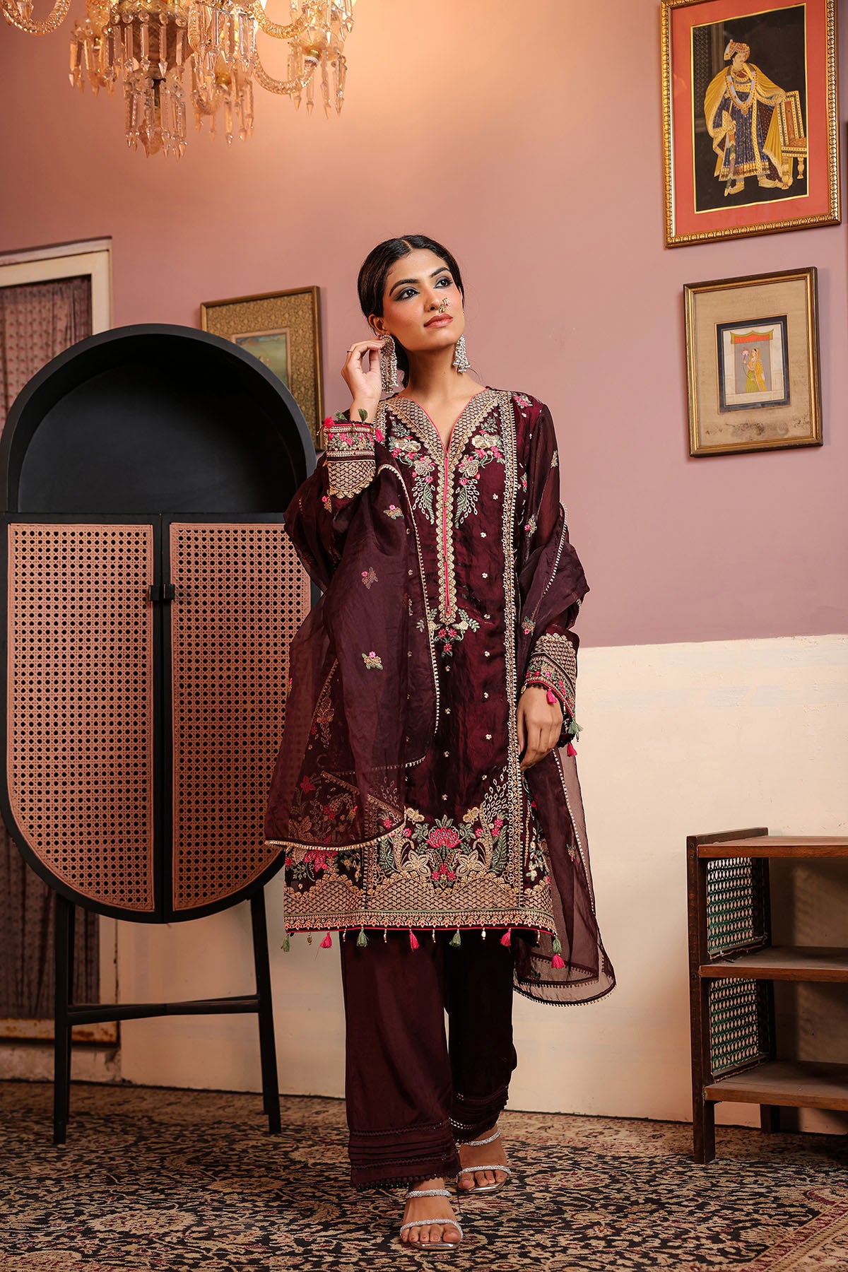 Marron Shimmer Embroidered Pakistani Suit