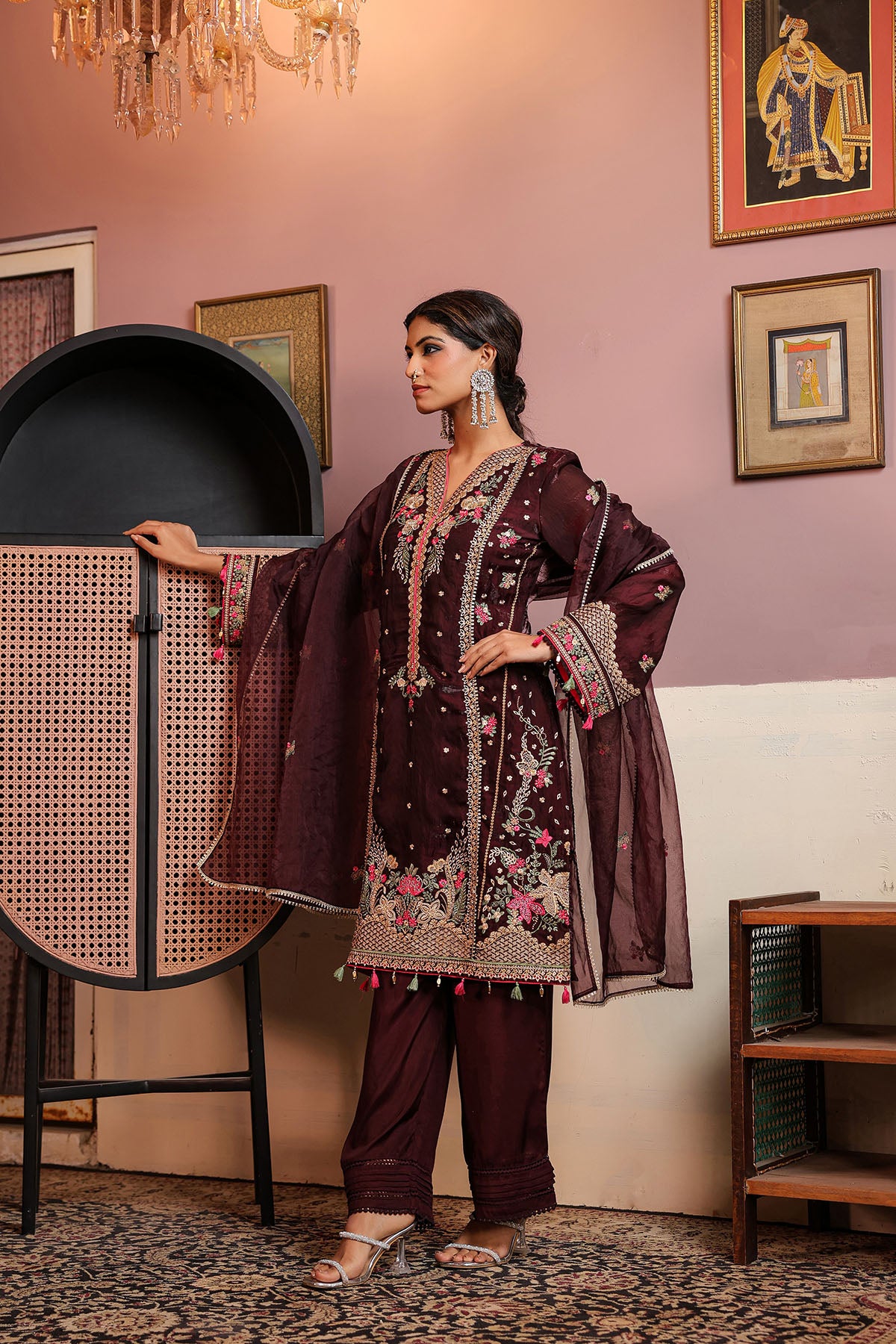 Marron Shimmer Embroidered Pakistani Suit