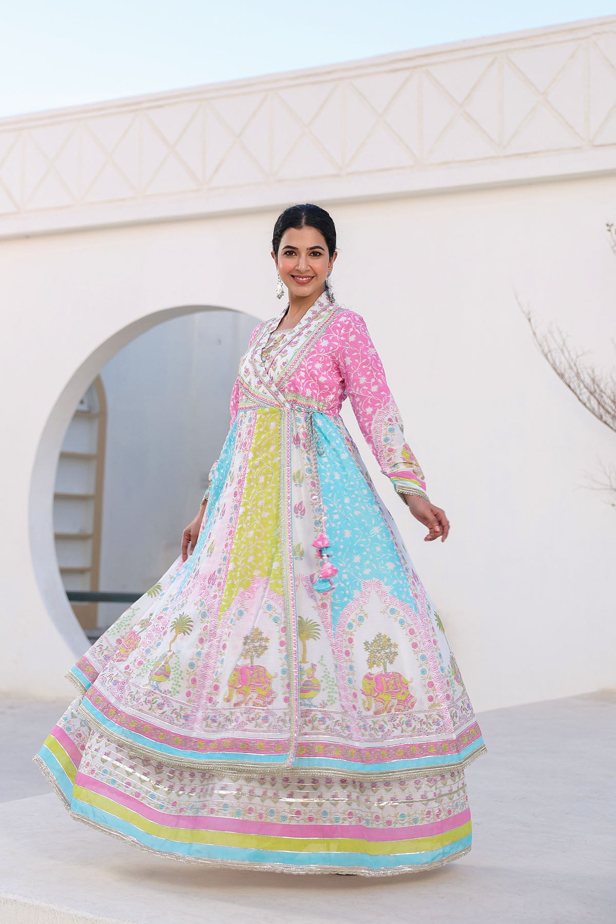 White Multicolor Cotton Gotapatti Gown Set