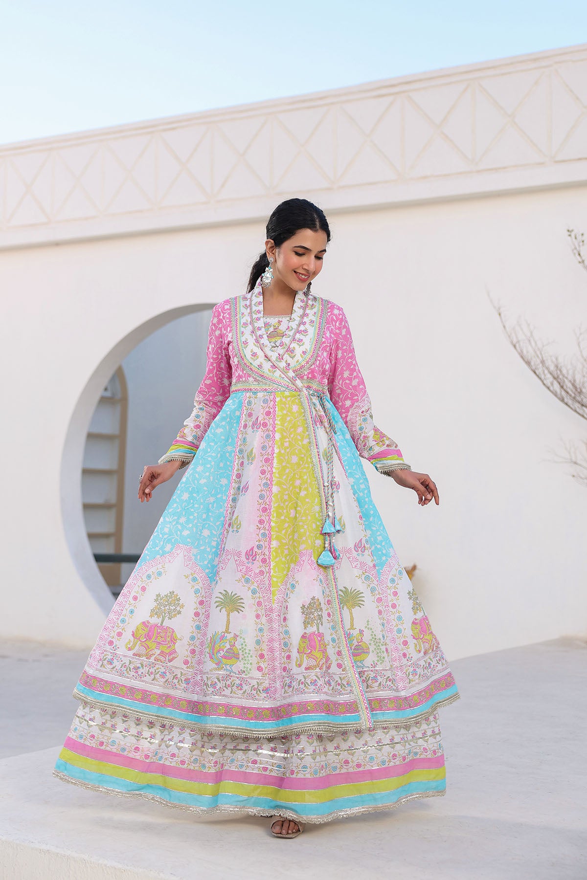 White Multicolor Cotton Gotapatti Gown Set
