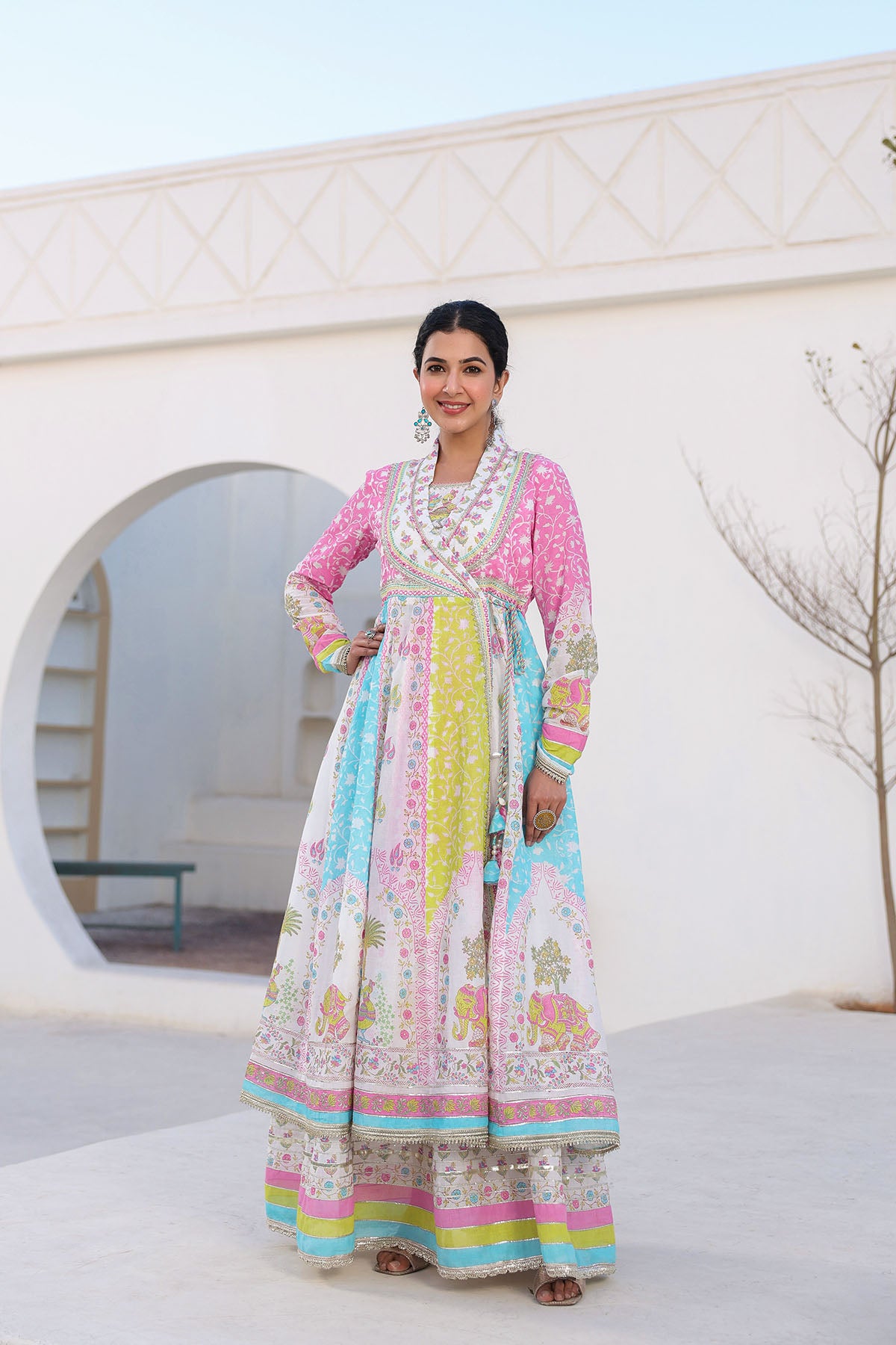 White Multicolor Cotton Gotapatti Gown Set