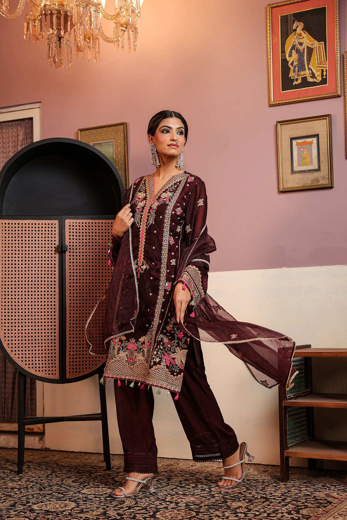 Marron Shimmer Embroidered Pakistani Suit