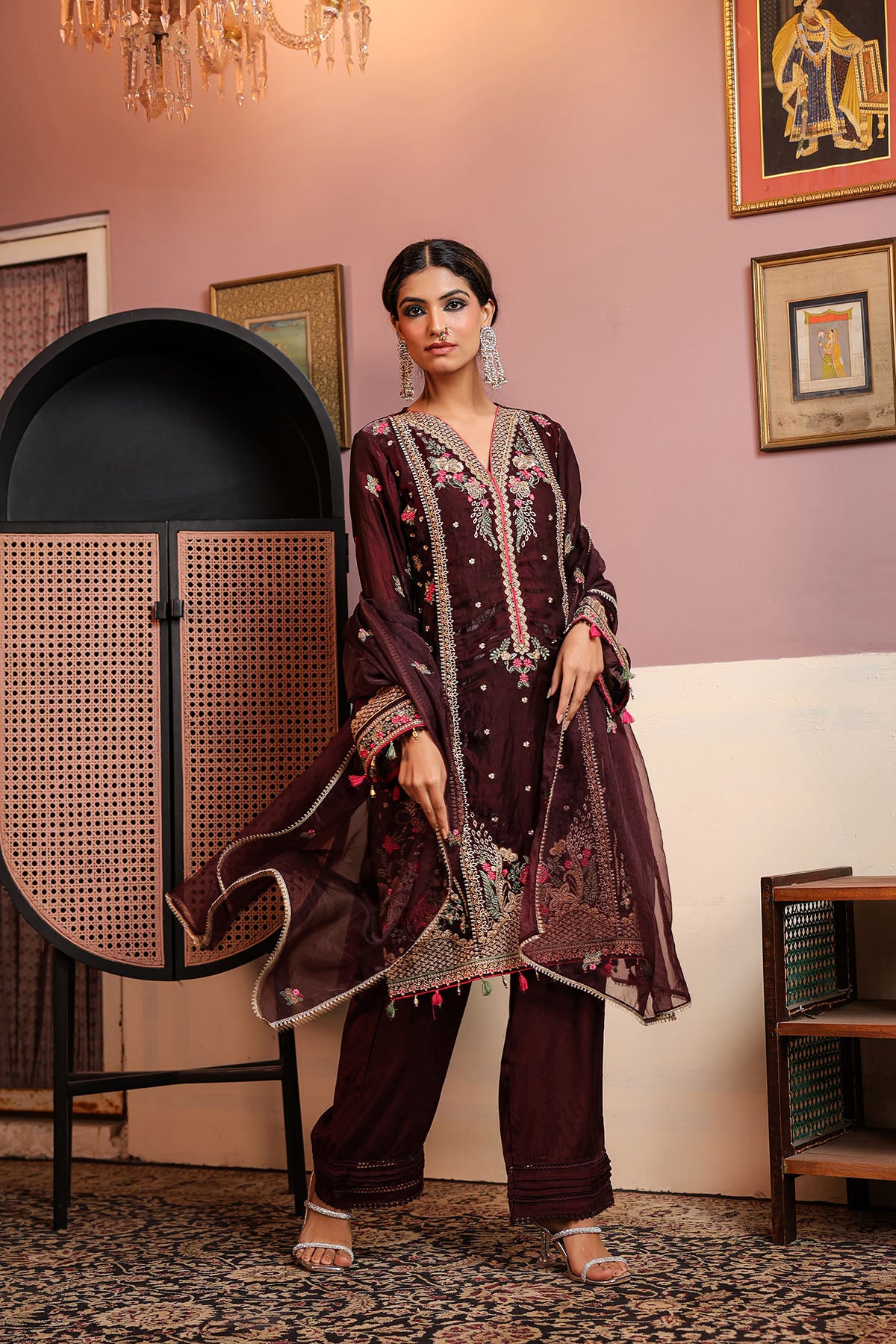 Marron Shimmer Embroidered Pakistani Suit