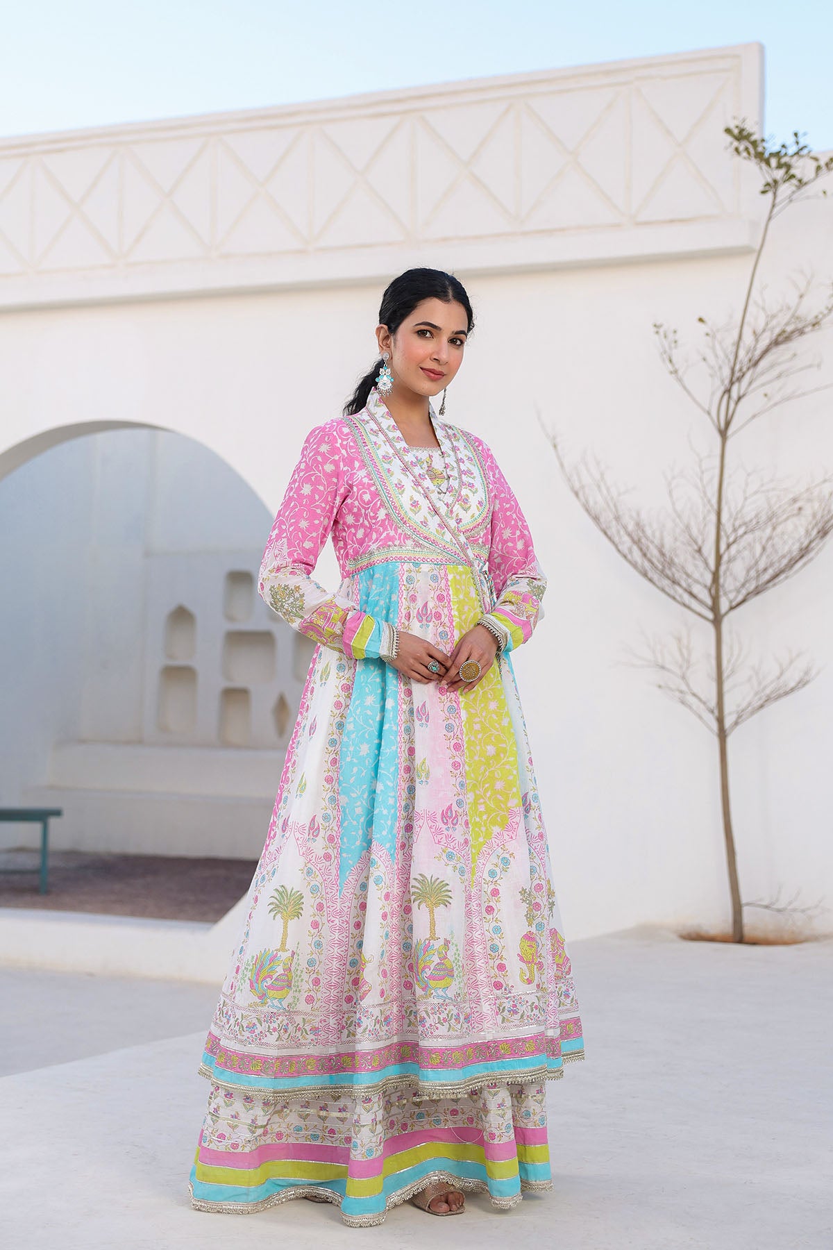 White Multicolor Cotton Gotapatti Gown Set