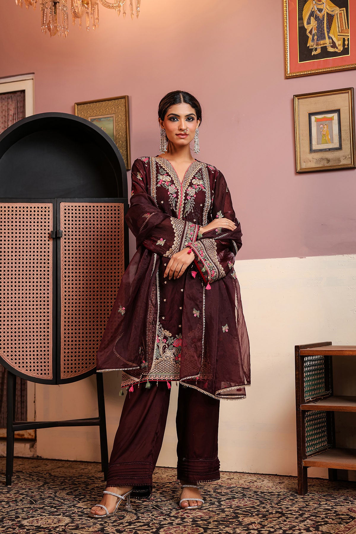Marron Shimmer Embroidered Pakistani Suit