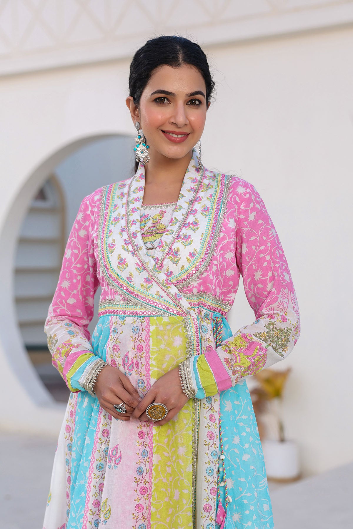 White Multicolor Cotton Gotapatti Gown Set